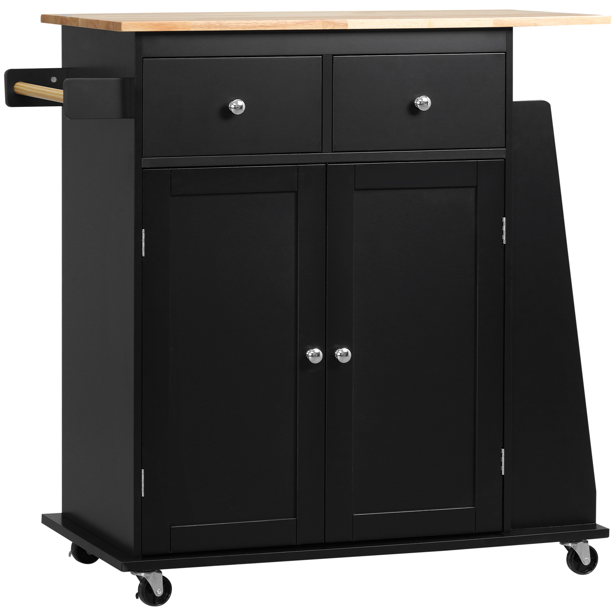 Küchenwagen Mit Schrank, 2 Schubladen Und Gewürzregal, Kücheninsel Aus Holz, 89 X 45 X 89,5 Cm, Schwarz