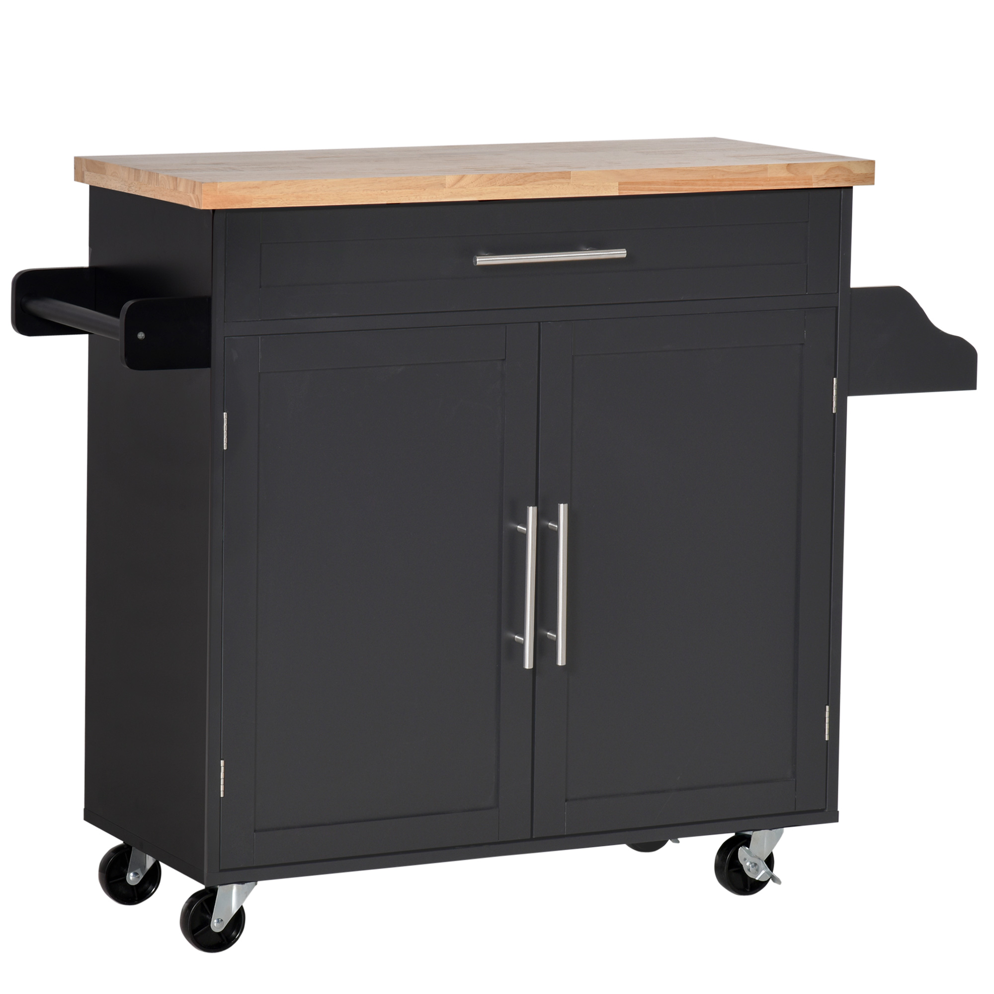 Multifunktionaler Küchenwagen Mit Schublade, Rollen, Gewürzregal Und Schrank, Küchenelement Mit Verstellbarem Einlegeboden, Handtuchhalter Und Gummibaumholzplatte, 109 X 40 X 89 Cm, Schwarz