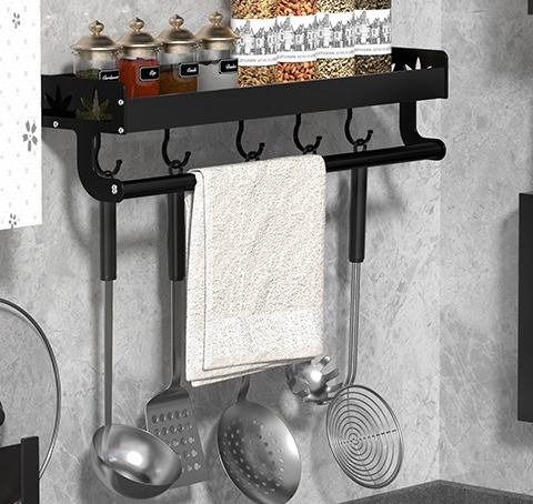 Gewürzregal, Küchenregal Ohne Bohren, - Schwarz, 30 Cm, Mit Stange Und Haken