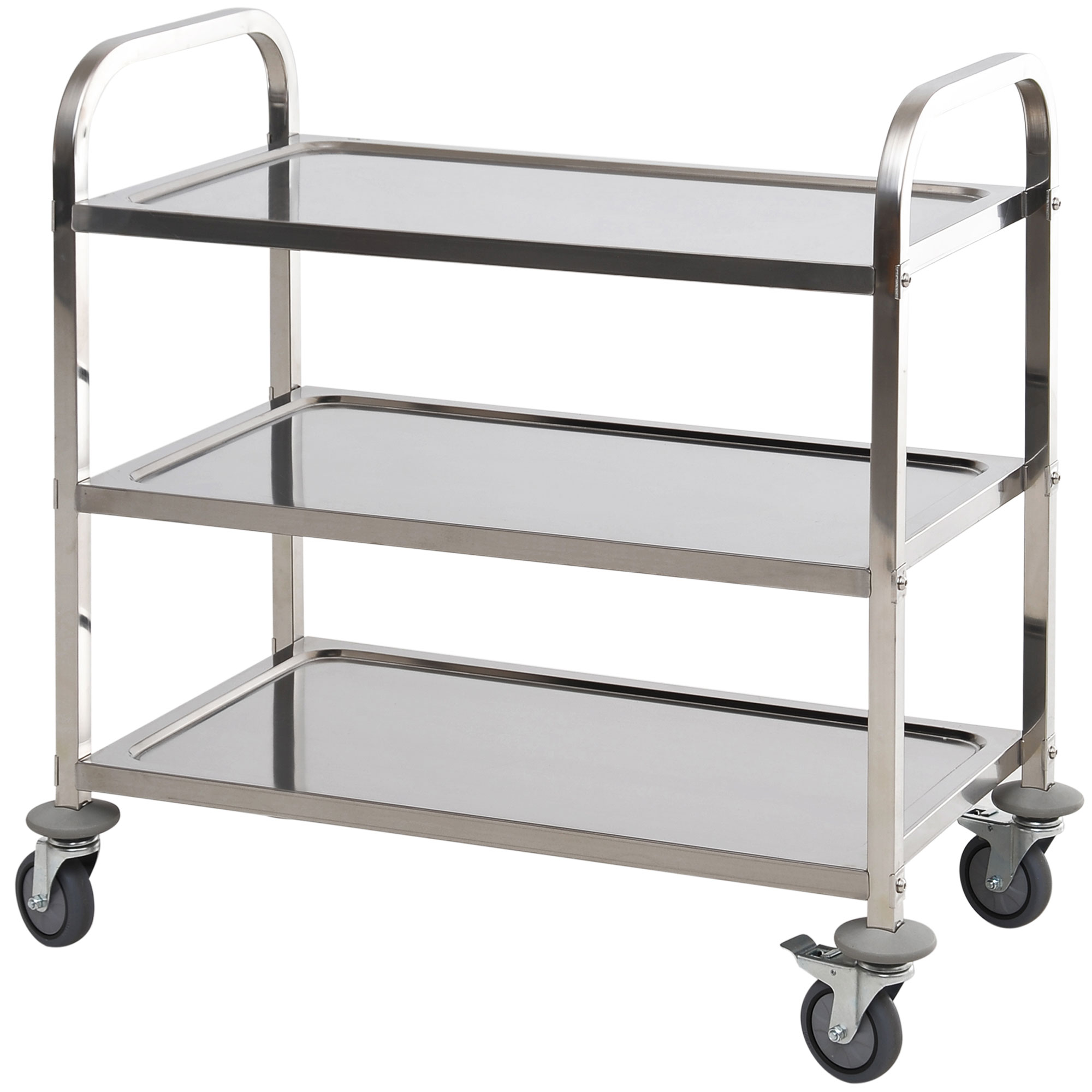 Küchenwagen Mit 3 Offenen Ablagen, 4 Multidirektionalen Rollen (2 Mit Bremsen), Stoßdämpfenden Lagern, Edelstahl 430, Silberfarben, 90,5 X 50,5 X 88,2 Cm