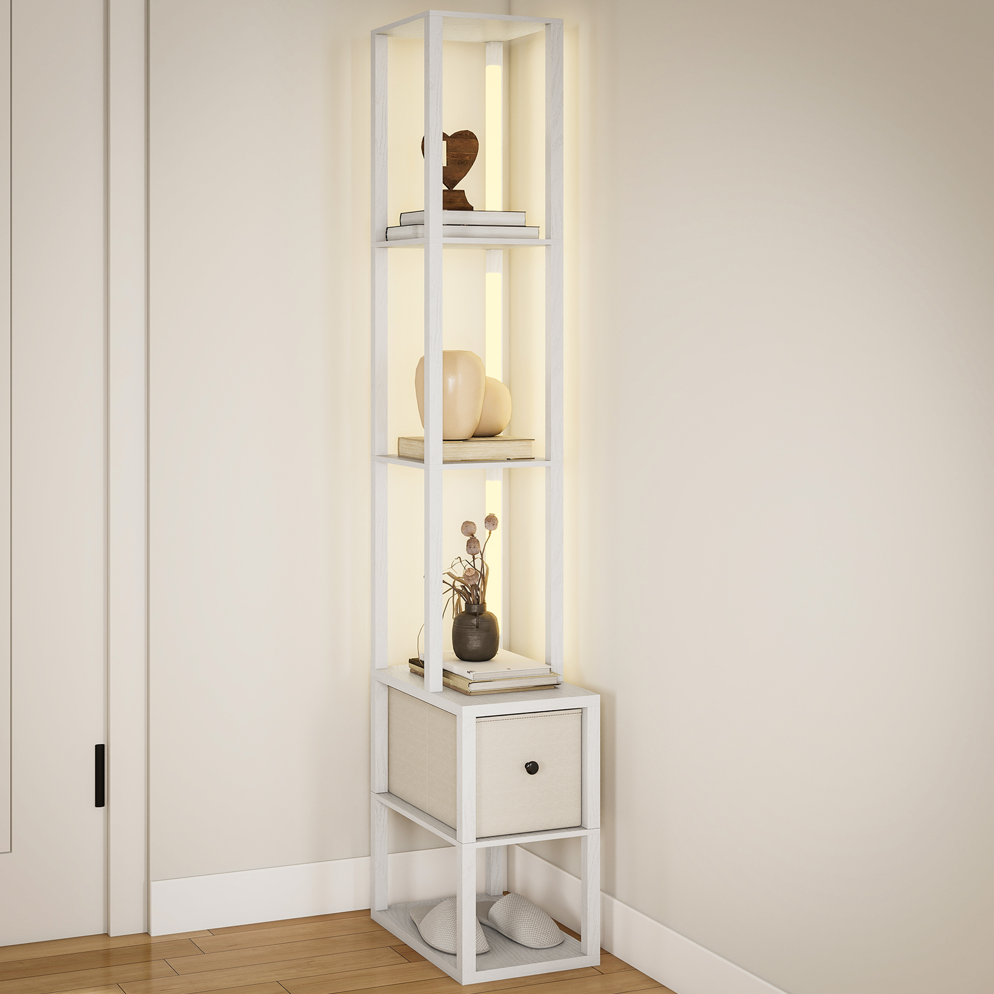 Moderne Stehlampe Mit Offenen Regalen, Stoffschublade Und Fußschalter Für Schlaf- Oder Wohnzimmer, Weiß