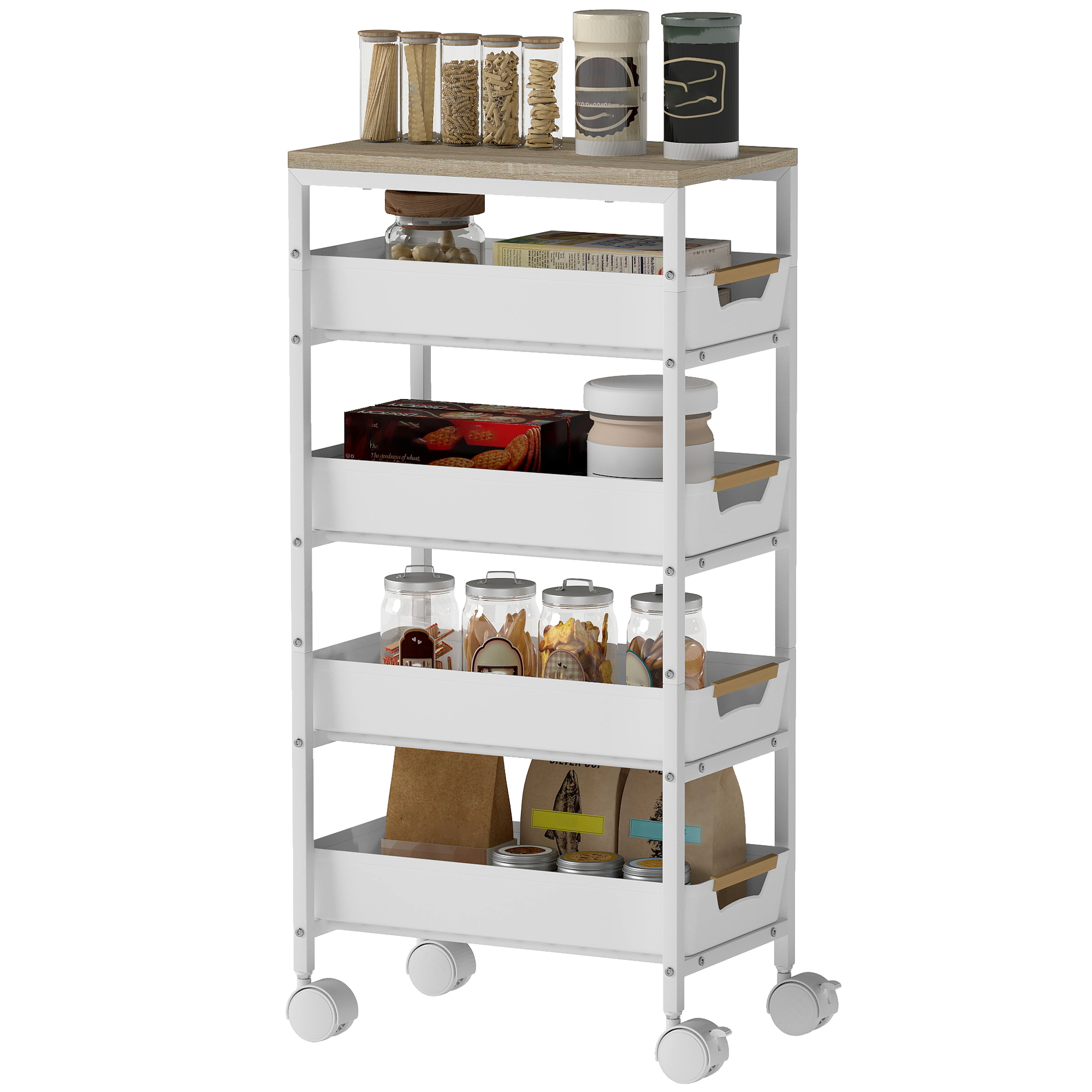 5-stöckiger Küchenwagen, Rollwagen, Arbeitsplatte In Holzoptik, Schubladen Mit Auszug, 39,5 X 24 X 82 Cm, Weiß