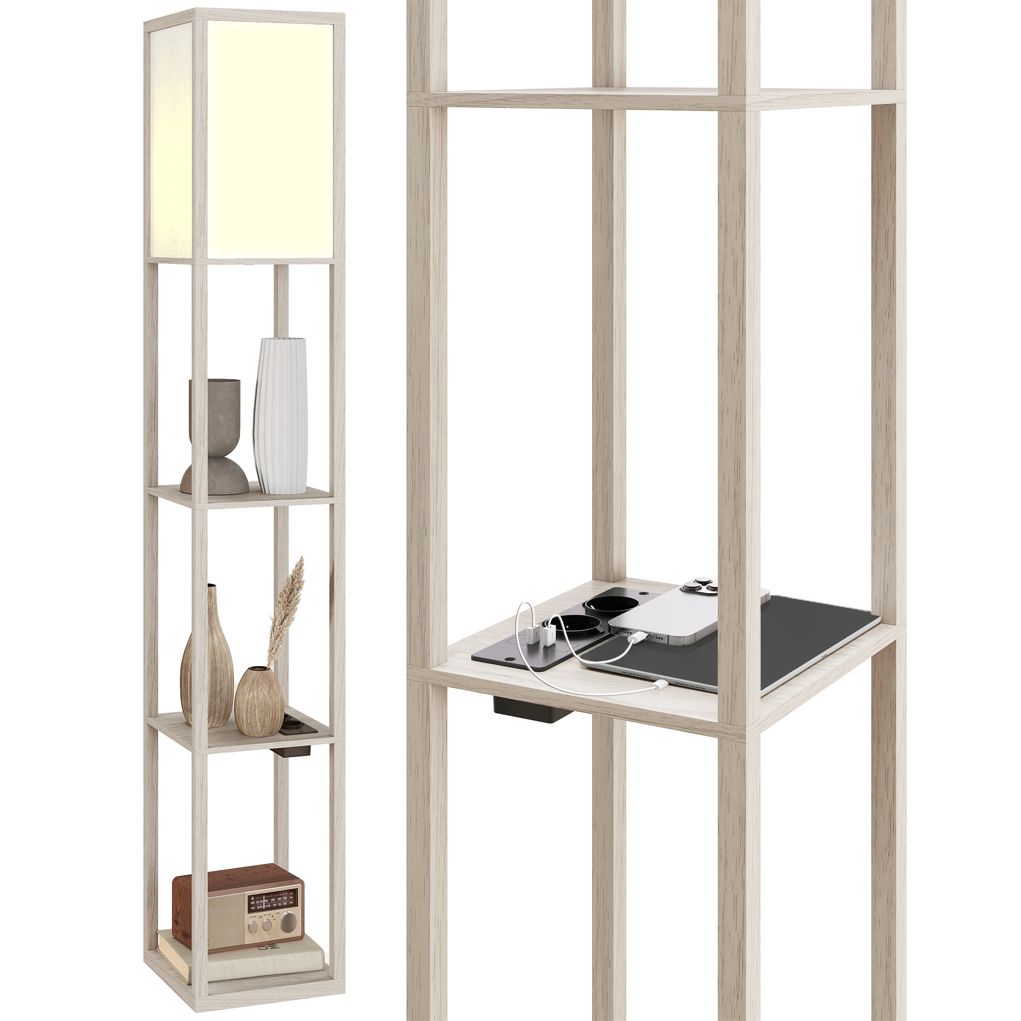 Stehlampe Mit Ablagen, Dimmbarem Licht, Fußschalter Und Usb-anschlüssen, Weiß Und Eiche