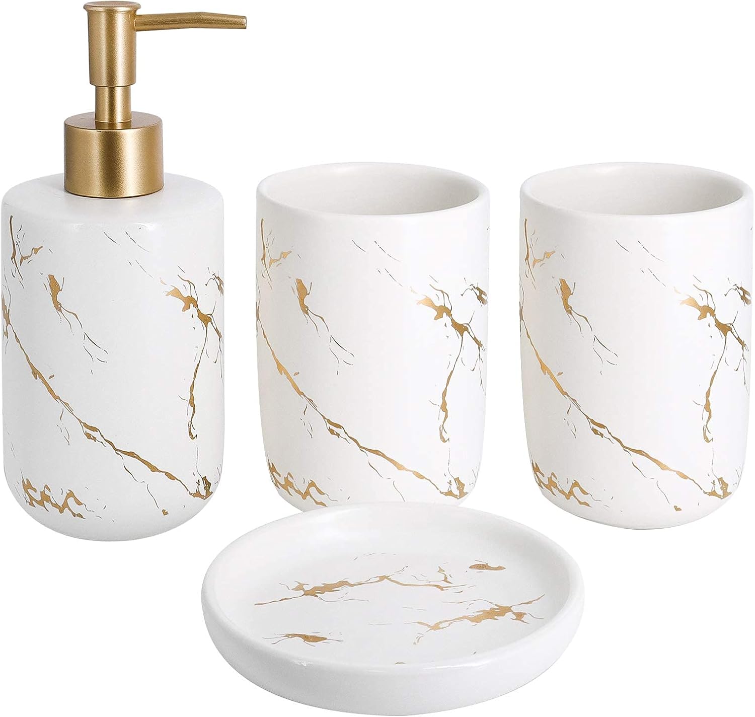 Set Aus 4 Keramik-badezimmeraccessoires Mit Seifenspender, Bechern Und Seifenschale (weiß)