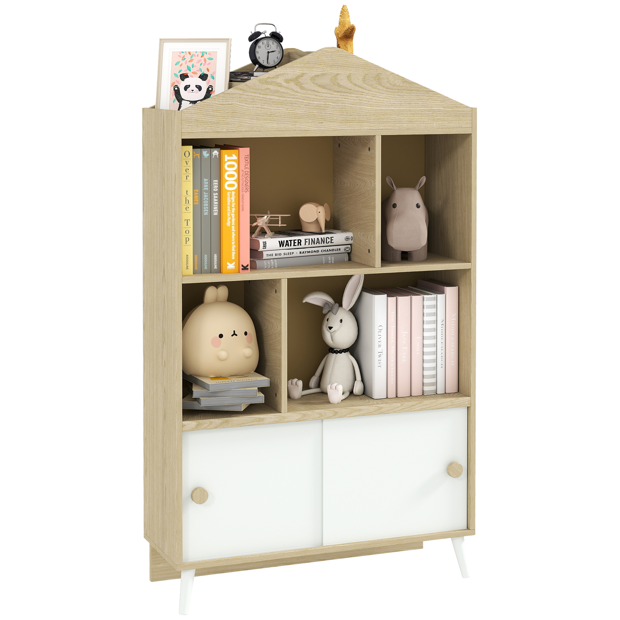 Kinderbücherregal Aus Holz Mit Offenen Regalböden Und Unterem Schrank, 80 X 30 X 140,5 Cm, Weiß Und Holz.