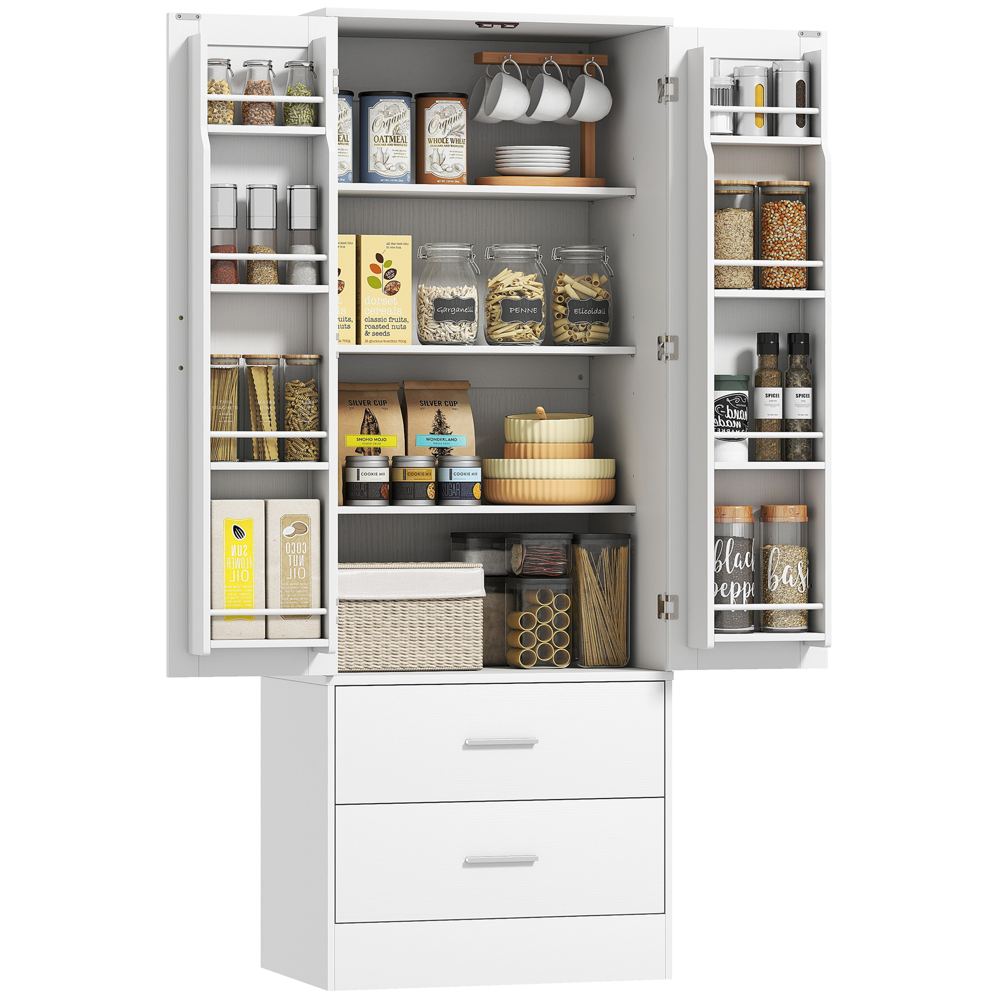 Küchenschrank Mit 8 Gewürzablagen Und 2 Schubladen, 60 X 40 X 159 Cm, Weiß