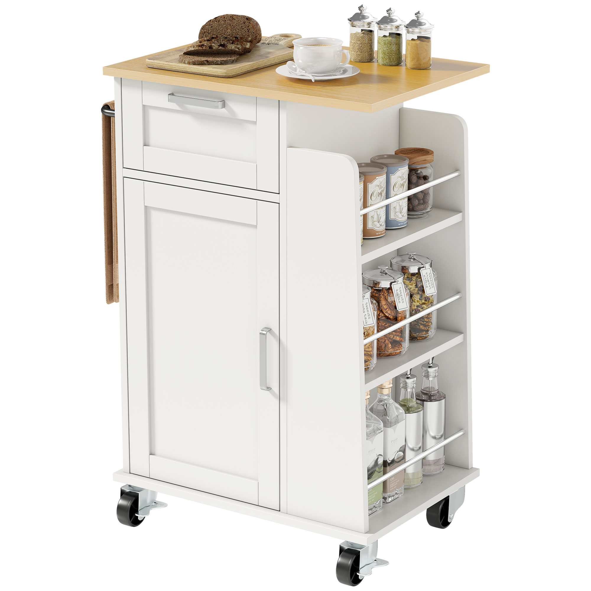 Küchenwagen Mit Schublade, Schrank, Handtuchhalter Und 3 Gewürzablagen, Aus Holz, 62 X 40 X 87 Cm, Weiß