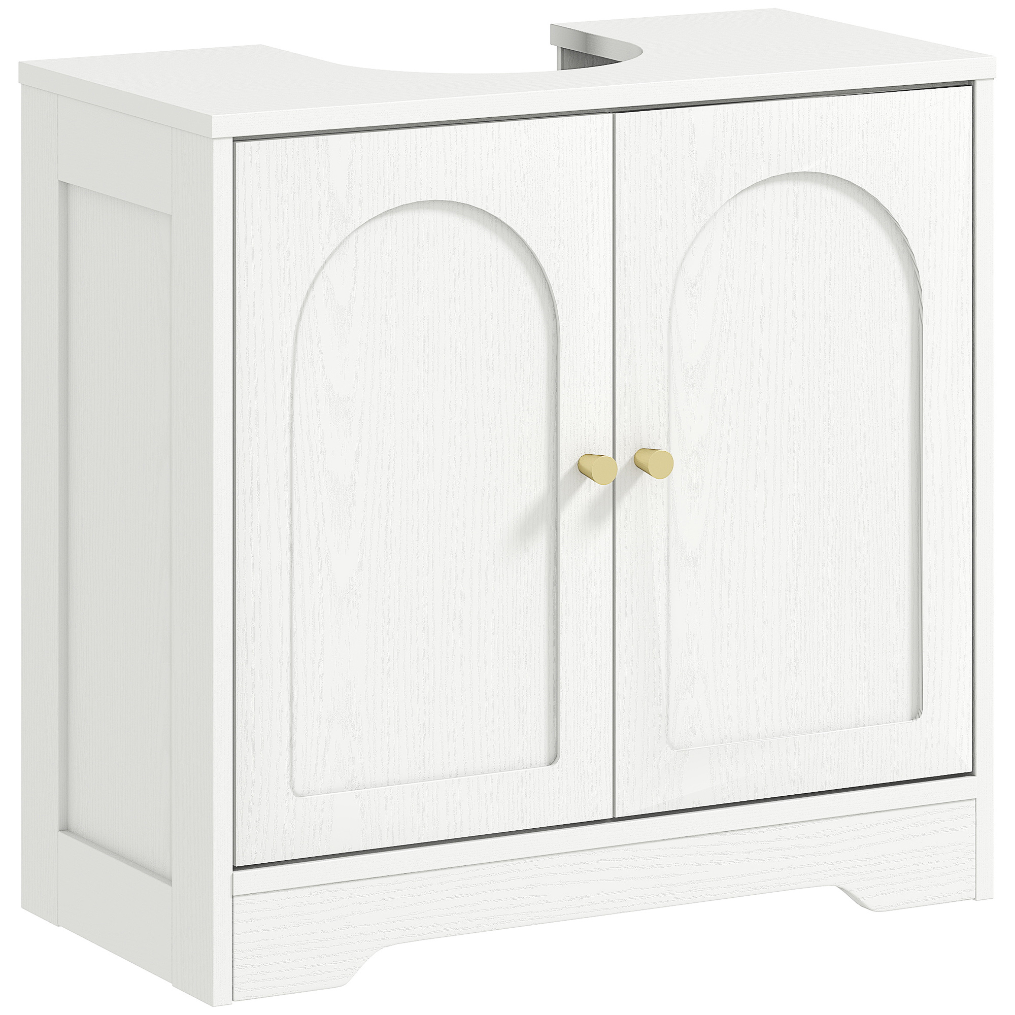 Zweitüriger Unterschrank Für Spülbecken, Geschwungenes Design, Verstellbarer Einlegeboden, Goldfarbene Griffe, 60 X 30 X 65 Cm, Weiß