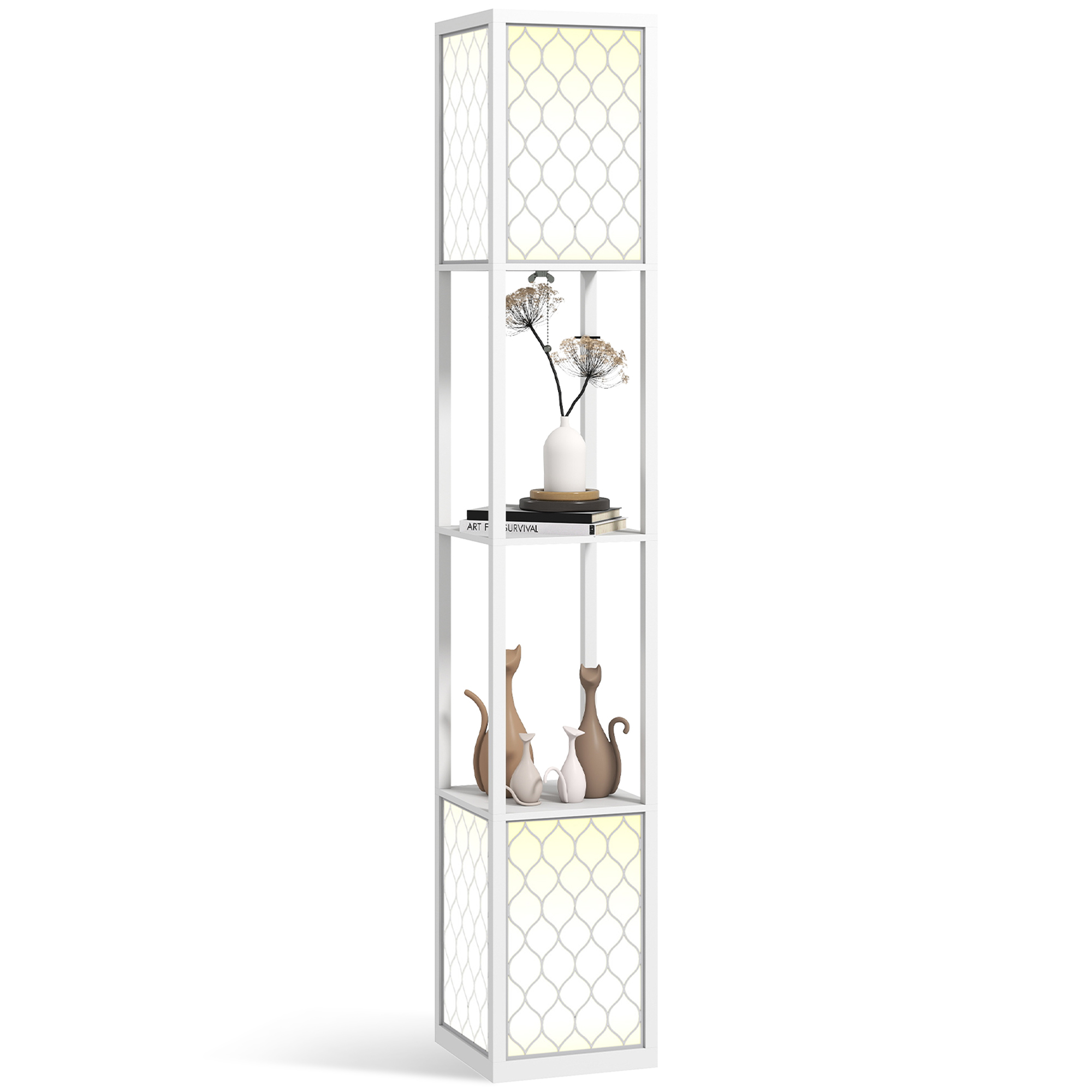 Moderne Stehlampe Mit Ablagen, Netzschirm Und Zugschalter Für Wohn-/schlafzimmer, 26 X 26 X 156 Cm, Weiß