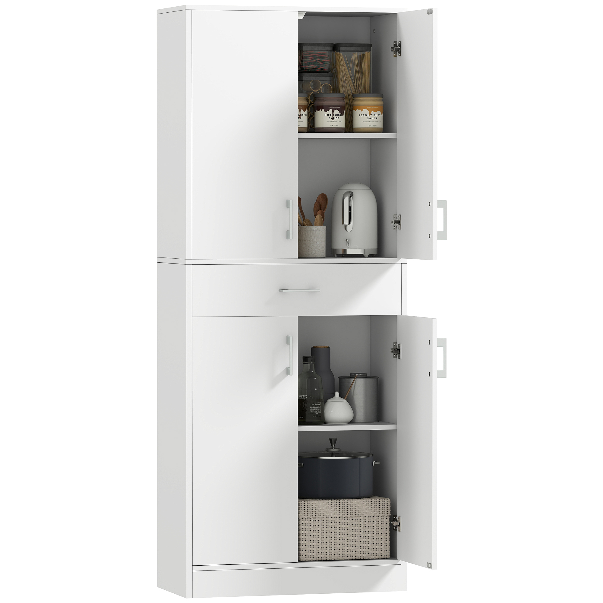 Küchenschrank Mit 4 Türen, 1 Schublade Und Verstellbaren, Kippsicheren Einlegeböden Für Ess-/wohnzimmer, 70,8 X 34 X 180 Cm, Weiß Und Silber