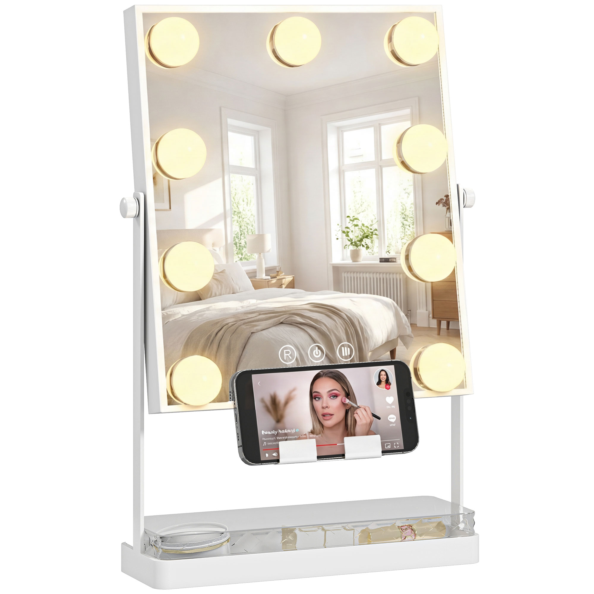 Beleuchteter Kosmetikspiegel Im Hollywood-stil Mit 9 Led-lampen, 3 Farben, Touch-schalter Und Handyhalterung – Weiß