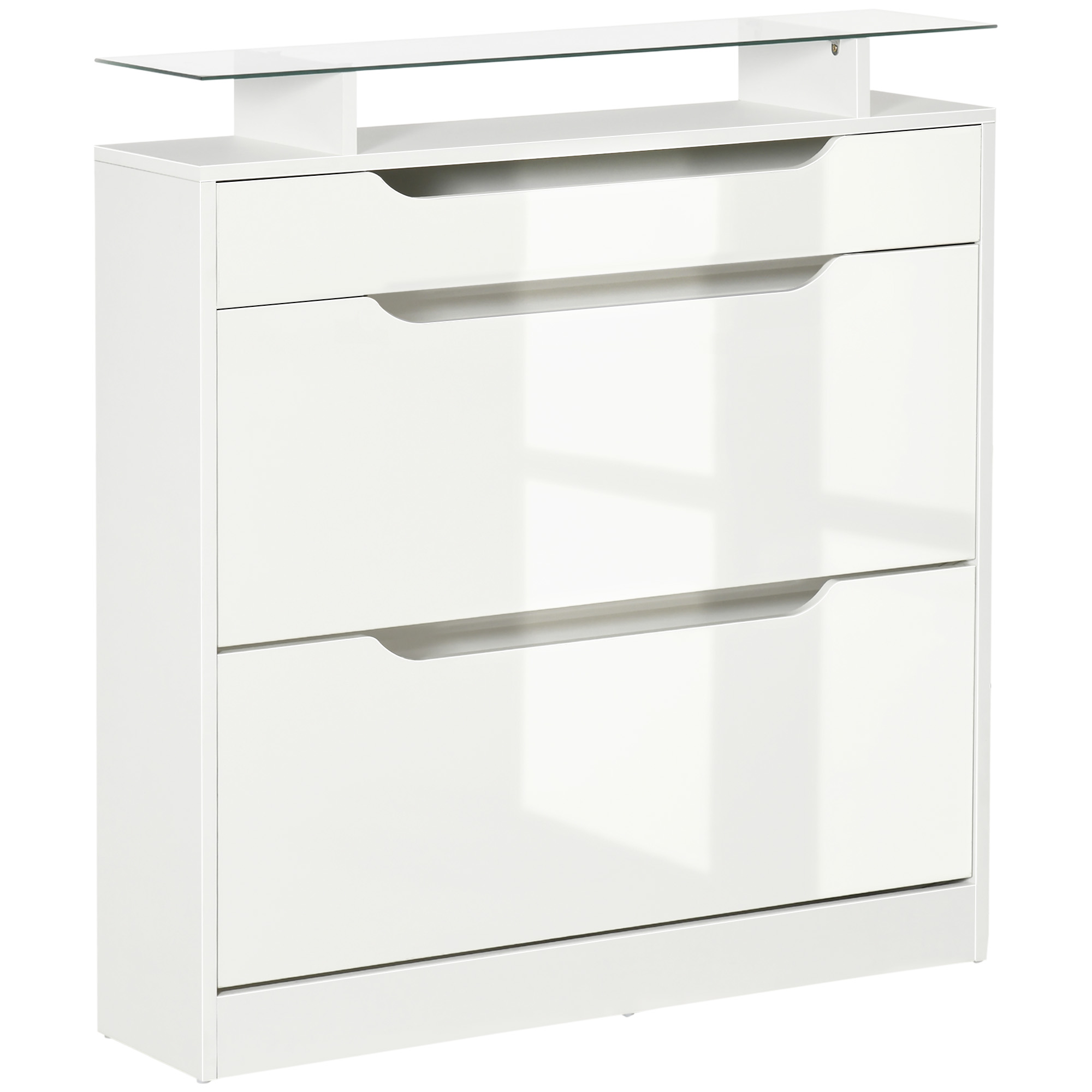 Zweitüriger Schuhschrank Mit Schmalem Fach Für 16 Paar Schuhe, Schublade, Offenem Fach Und Glasplatte, Ideal Für Eingangsbereich Oder Flur, 89 X 23 X 96 Cm, Weiß