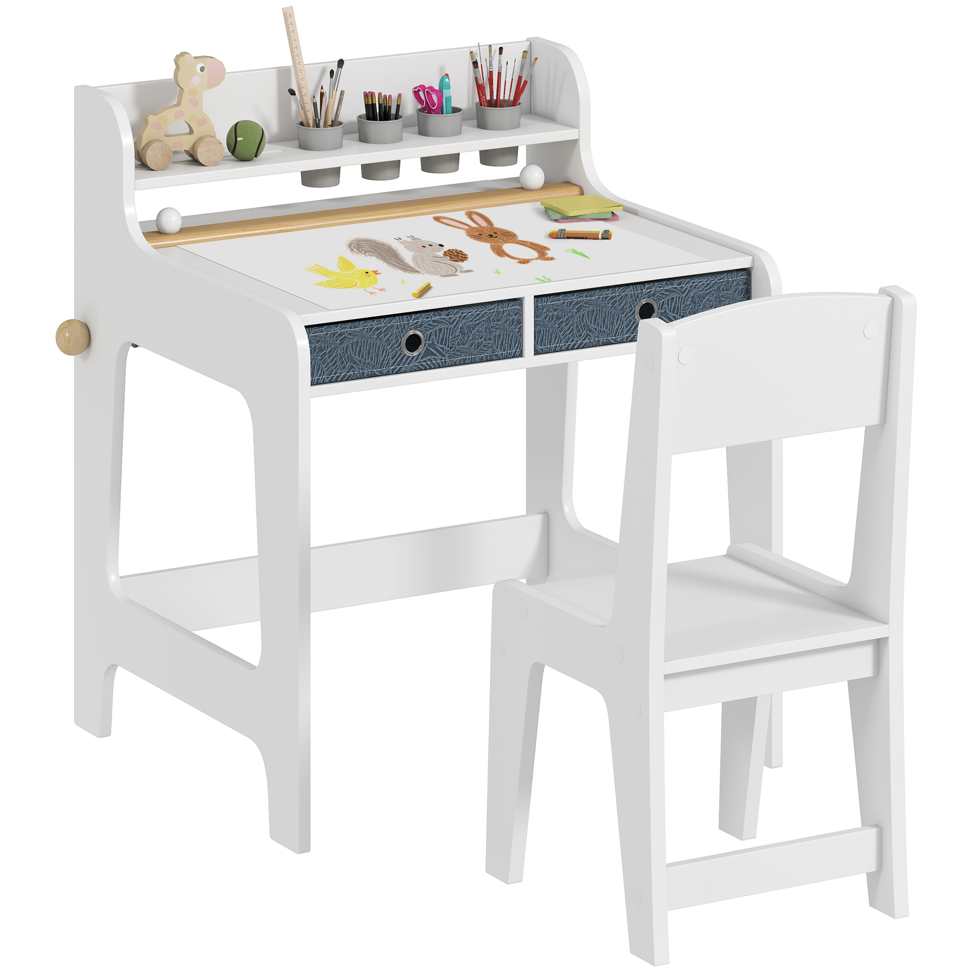 Kinderschreibtisch Mit Stuhl, Schulschreibtisch Mit 2 Schubladen Und Einem Regal, Tischplattenmaße: 62,8 X 55,6 X 73,8 Cm Stuhlmaße: 31,5 X 35 X 65,5 Cm.