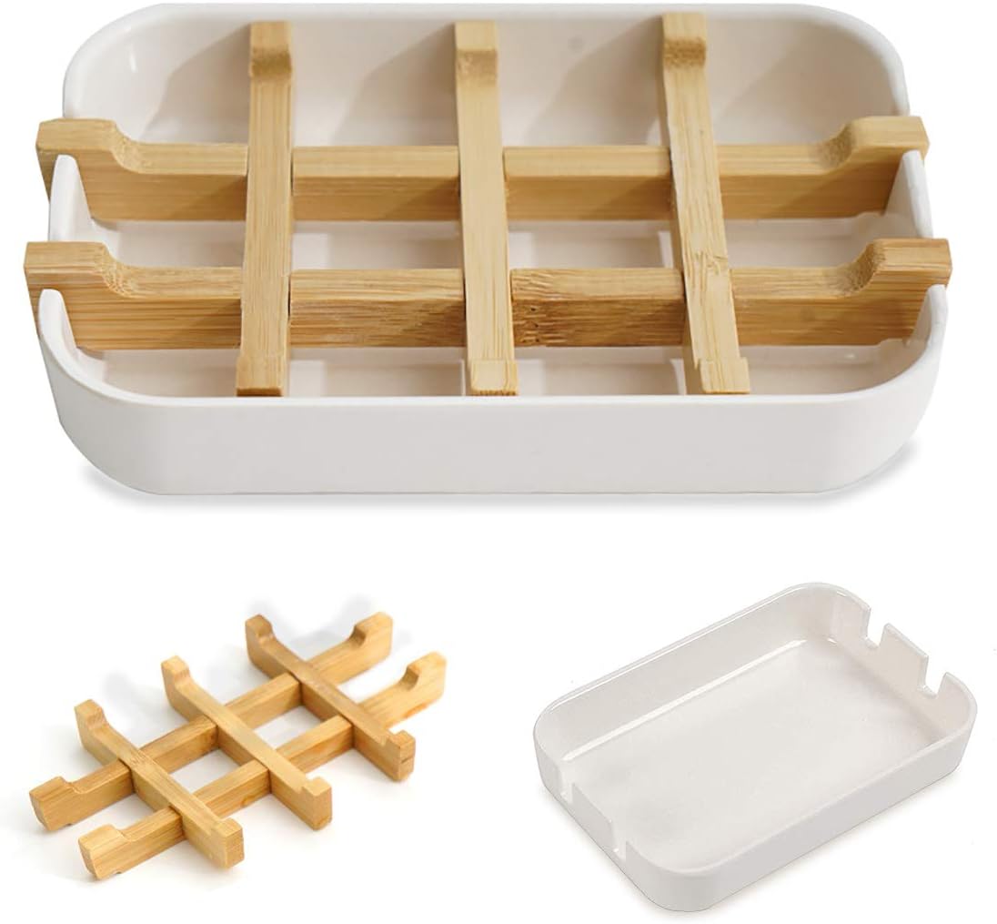 Seifenschale Aus Bambusholz, Seifenhalter Aus Natürlichem Bambusholz, Seifenaufbewahrungsbox Für Die Dusche, Handgefertigter Quadratischer Korb Für Feste Duschseife, Küchenspüle (weiß)