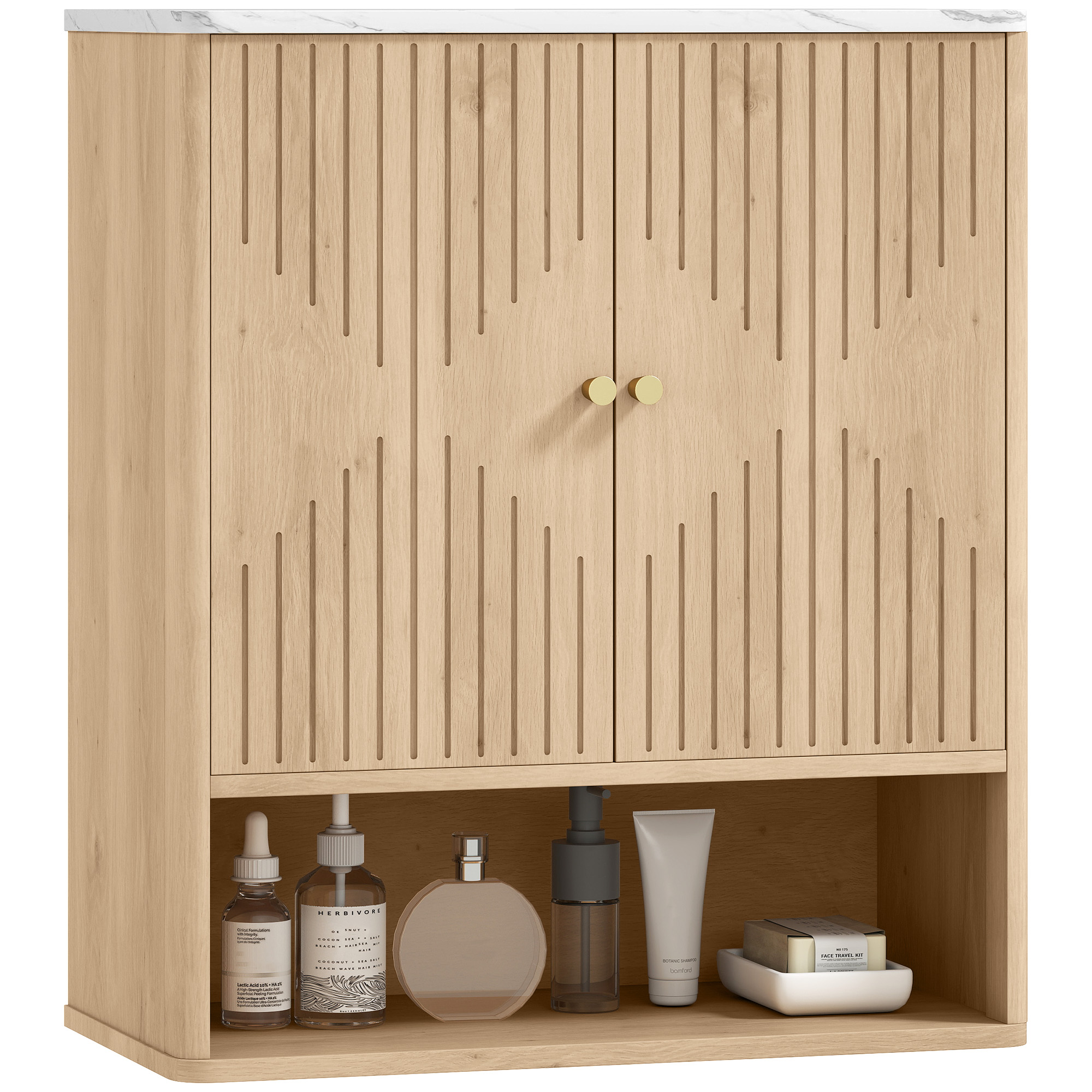 Wandhängender Badezimmerschrank Mit Offenem Fach Und Verzierten Türen, Platte In Marmoroptik, 60 X 18 X 70 Cm, Eiche