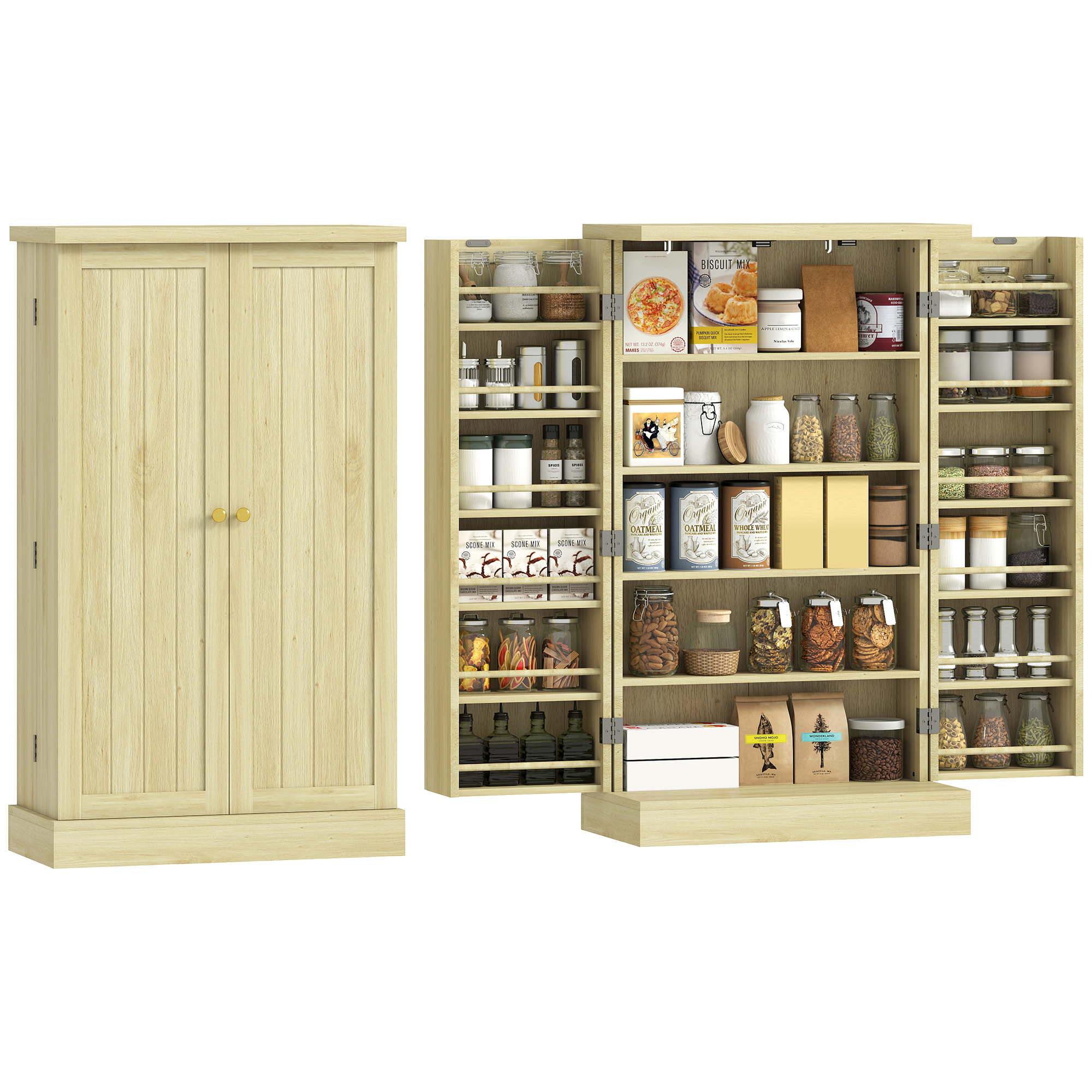 104 Cm Langer Vorratsschrank, 12 Gewürzregale, Verstellbare Einlegeböden, Naturholz.