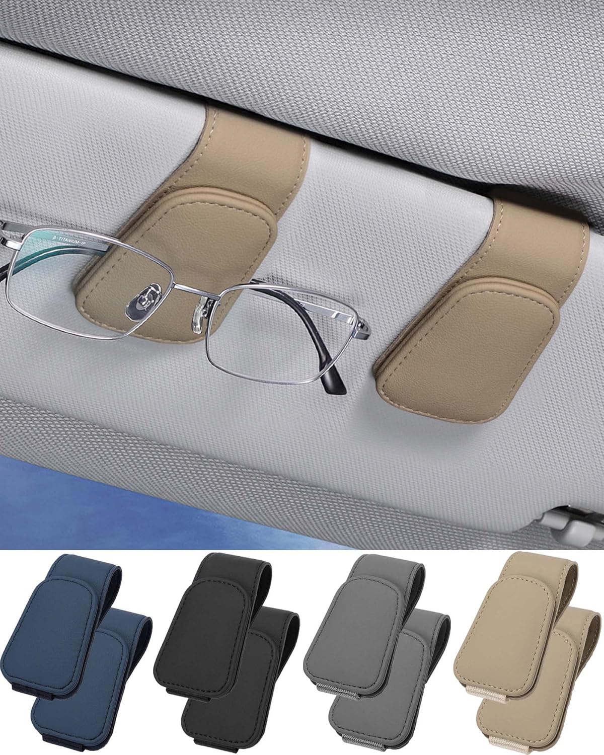 (beige) Set Aus 2 Auto-sonnenbrillenhaltern Aus Leder Mit Clip.