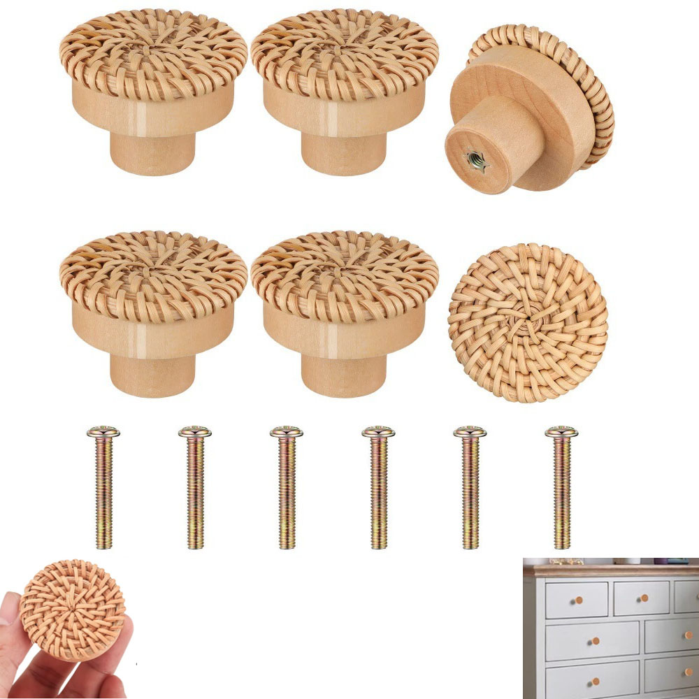 Set Aus 6 Möbelknöpfen Aus Rattan Und Holz, Schubladengriffen, Runden Türknöpfen Für Schränke Und Kleiderschränke.