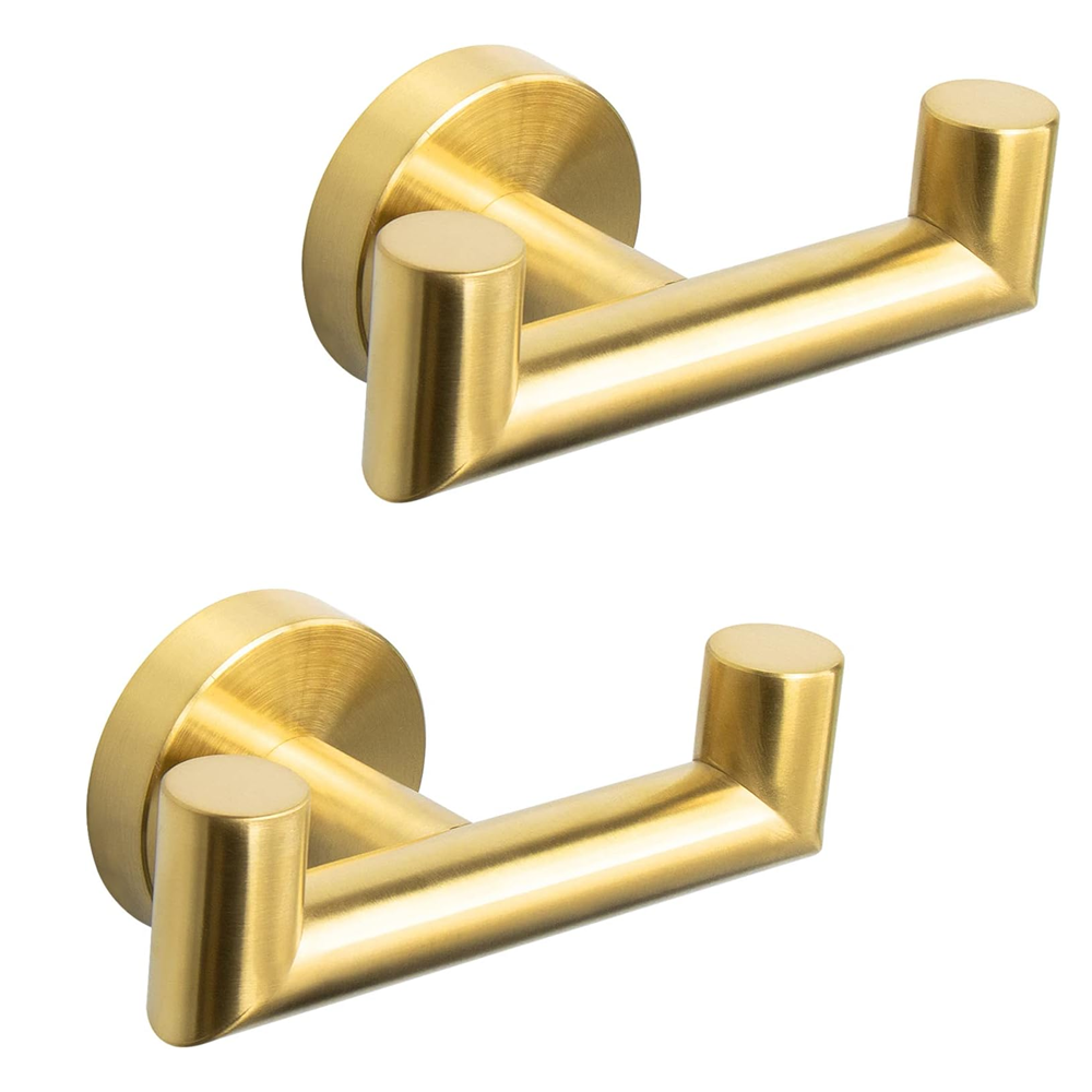 Set Mit 2 Doppelten Badezimmerhandtuchhaken (gebürstete Goldoberfläche) – Bademantel- Und Handtuchhalter Aus Edelstahl Sus304