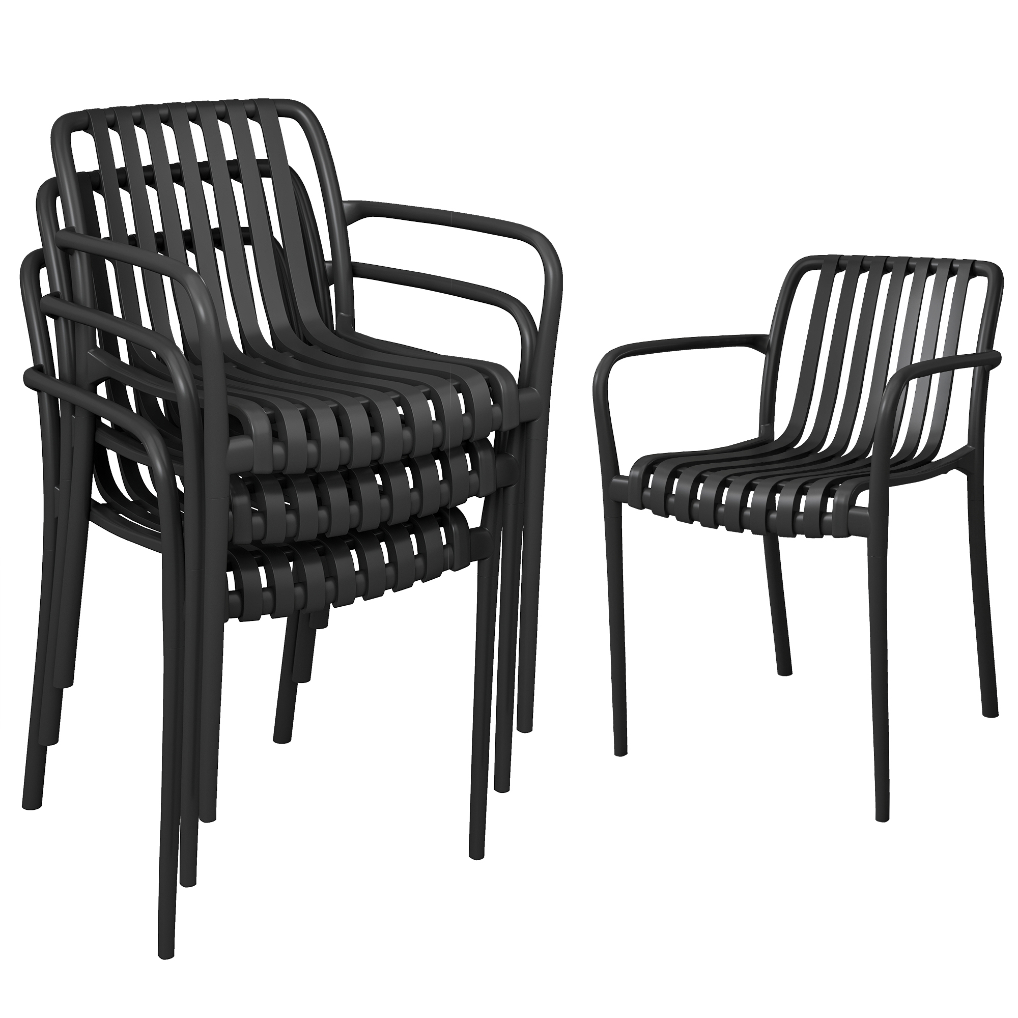 Set Mit 4 Stapelbaren Terrassenstühlen, Essstühle Für Den Außenbereich Mit Geschwungener Rückenlehne, Lattenrostsitz Und Armlehnen