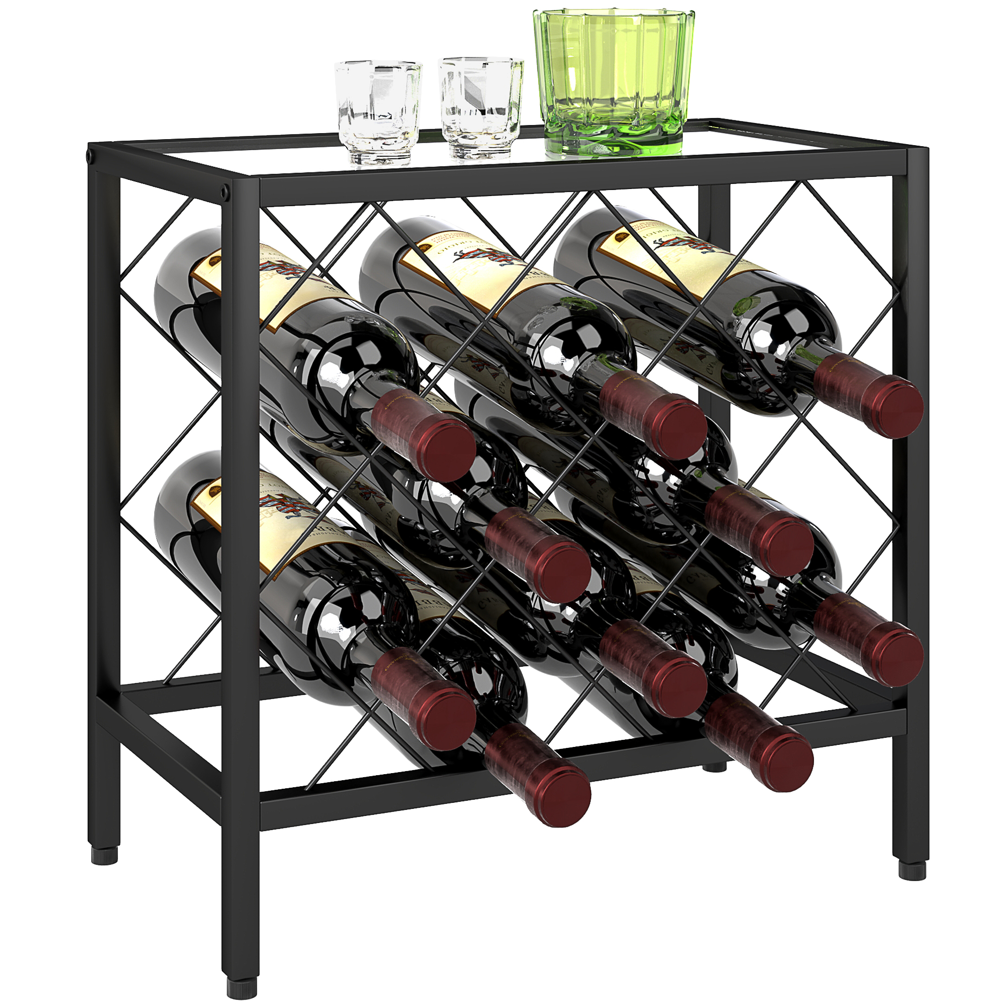 Weinregal Aus Schwarzem Stahl Für 10 Flaschen Mit Gehärteter Glasplatte, 41 X 22 X 41 Cm