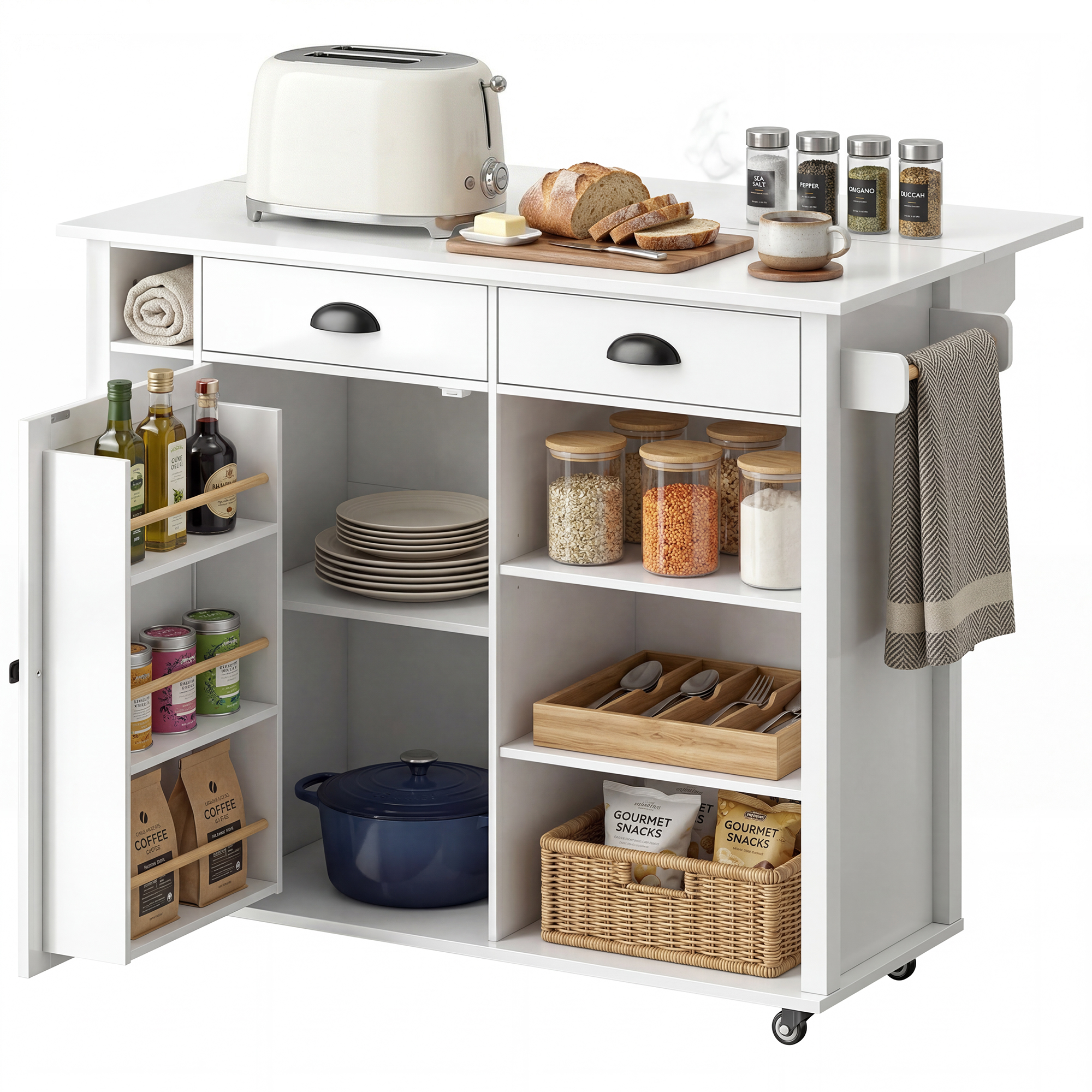 Kücheninsel Mit Rollen, Klappbarer Arbeitsplatte, Ablagen In Der Tür, Handtuchhalter, Schrank Mit 2 Schubladen, 117,5 X 70 X 91 Cm, Weiß