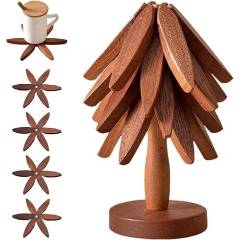 [niemals Verwendet] 4 Stück Holzuntersetzer Baum,faltbares Untersetzer Set Mit Ständer,anti-verbrühung Und Rutschfest Für Teekannen,pfannen, Topfuntersetzer Holz,weihnachtsbaum-untersetzer,für Küche U
