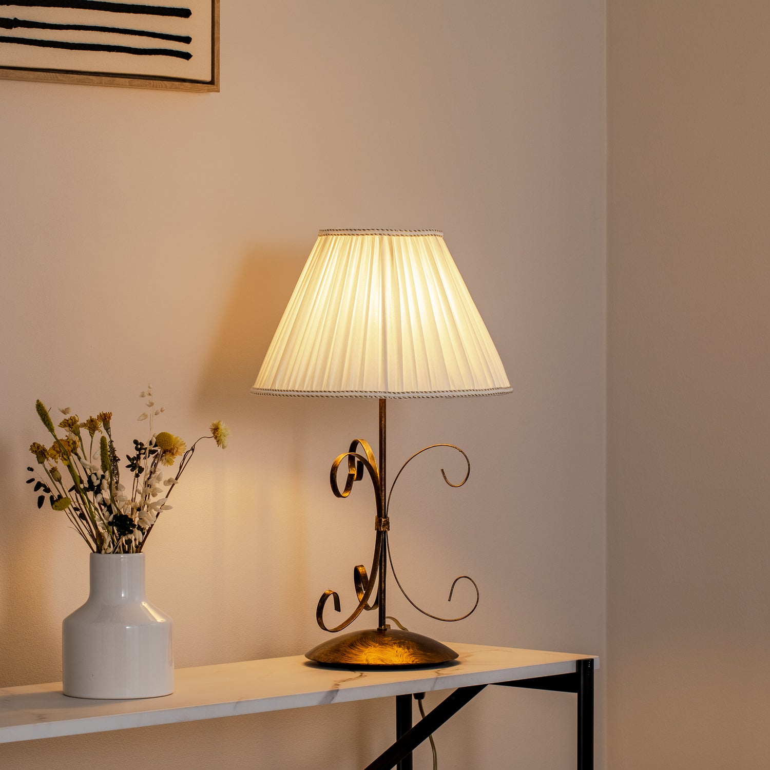 [gebraucht] B-ware Tischleuchte Lampe Grande Odino Textil Bronze Creme Schalter Metall E27 Led 57cm
