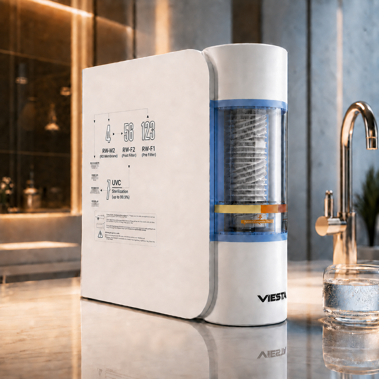 Viesta® Rw230 Umkehrosmoseanlage 800 Gpd – Tankloses Direct-flow Wasserfiltersystem Mit Uv-sterilisation, 7-stufen-filtration, Filterwechselanzeige & Leckageschutz