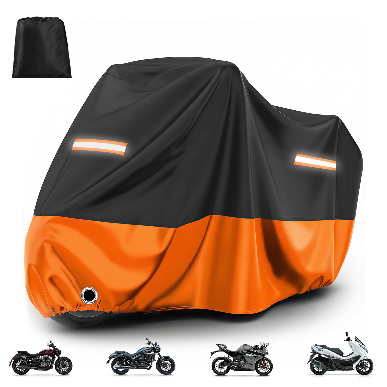 Wasserdichte Motorradabdeckung Für Den Außenbereich – Xl-schutzplane, Uv- Und Staubdicht, Mit Öse Für Ein Schloss, Gurten, Winddicht, Schwarz/orange, 220 × 105 × 125 Cm