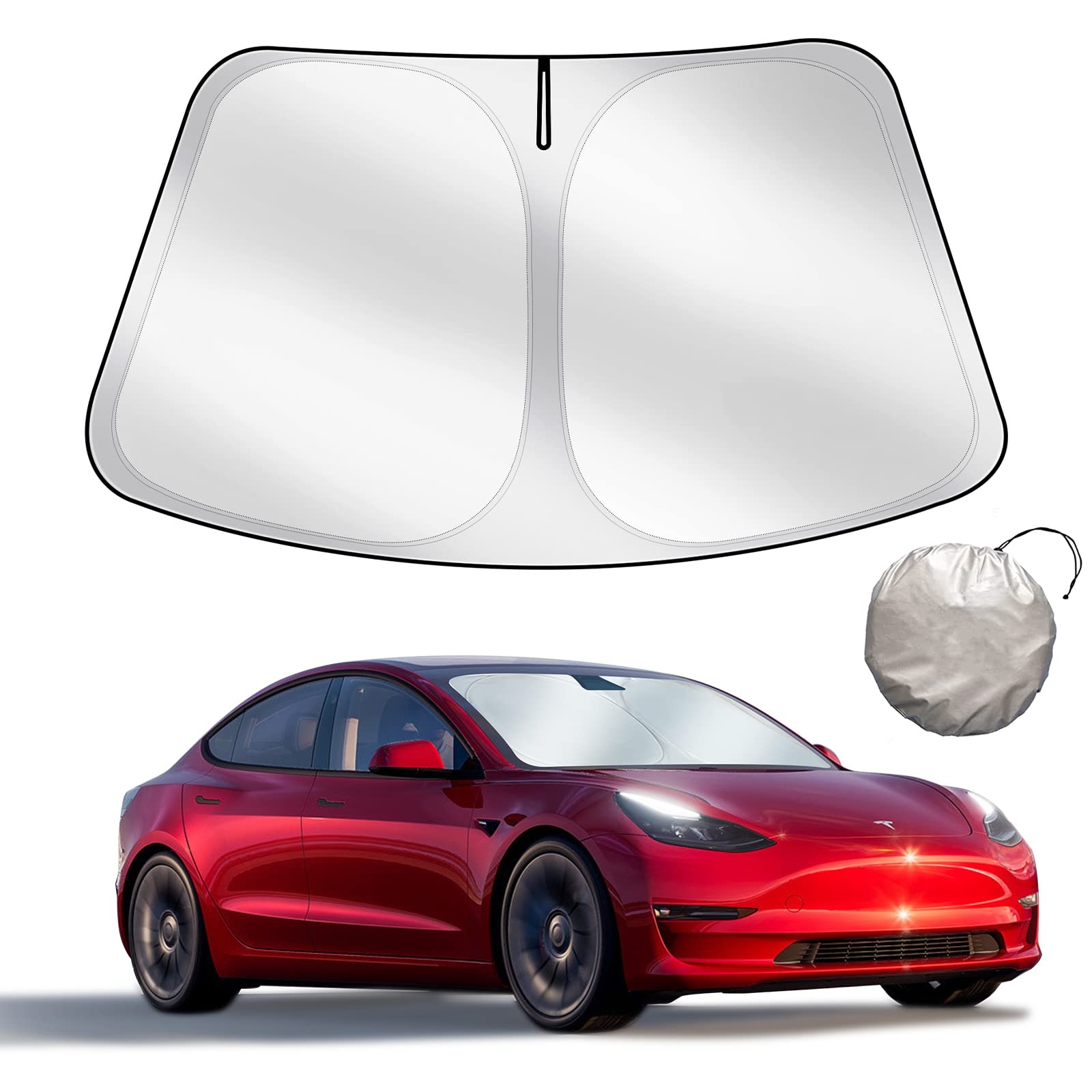Faltbarer Sonnenschutz Für Tesla Model 3/y (version 2026) – Für Die Frontscheibe, Doppellagiges, Blickdichtes Gewebe, Mit Aufbewahrungstasche – Zubehör Für Tesla Model 3 Und Model Y (2019-2026)