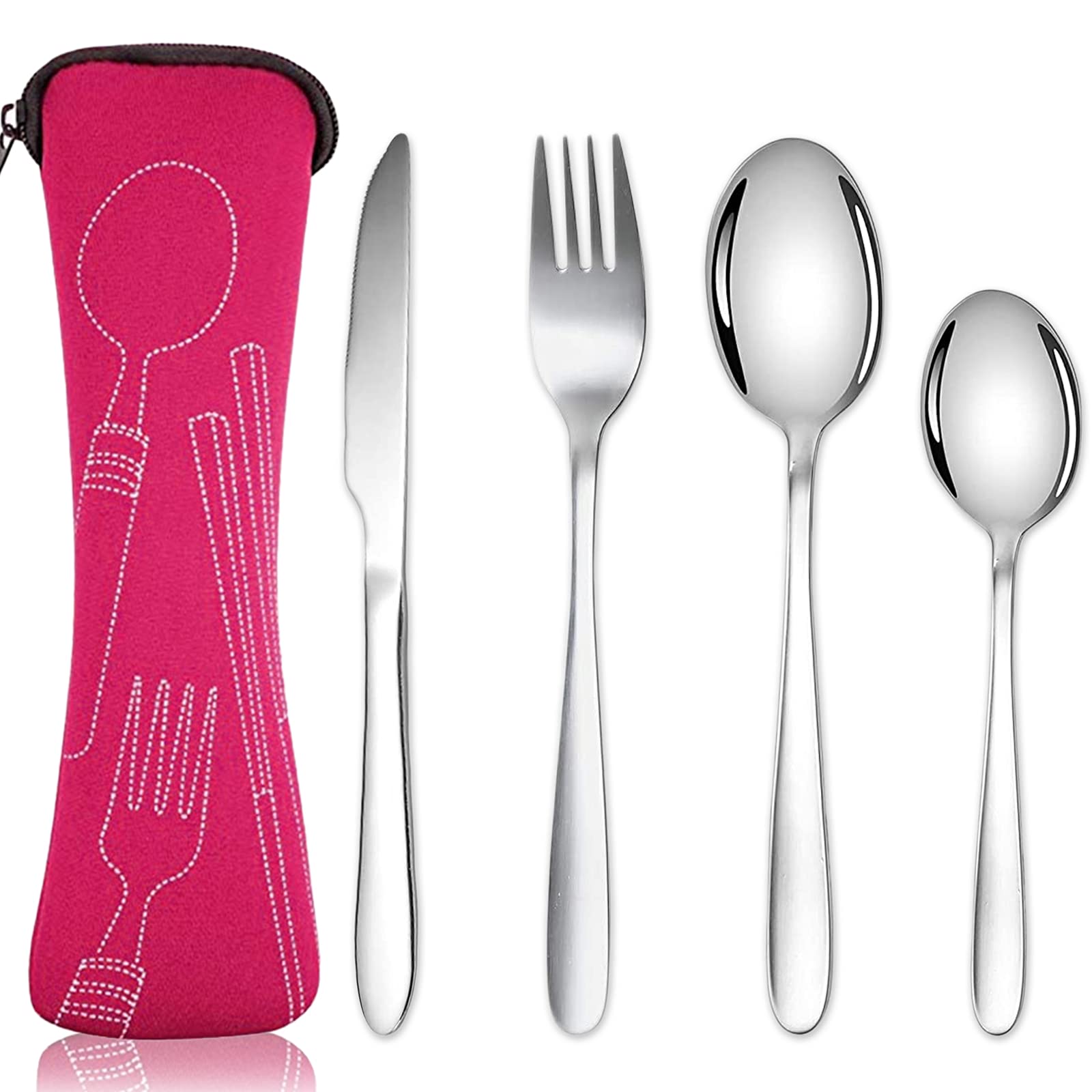 Besteckset Mit Tragetasche, Edelstahlbesteck Mit Neoprenbeutel Für Den Außenbereich, Reisen, Picknicks, Büro, Schule, Lunchbox (4-teilig, Rosarot)