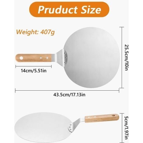 Pizzaschieber, Pizzaschieber Aus Edelstahl, Runder Pizzaschieber (25 Cm Durchmesser) Mit Holzgriff Und Edelstahlblech, Idealer Spatel Für Pizza, Brot Und Gebäck, Silberfarben