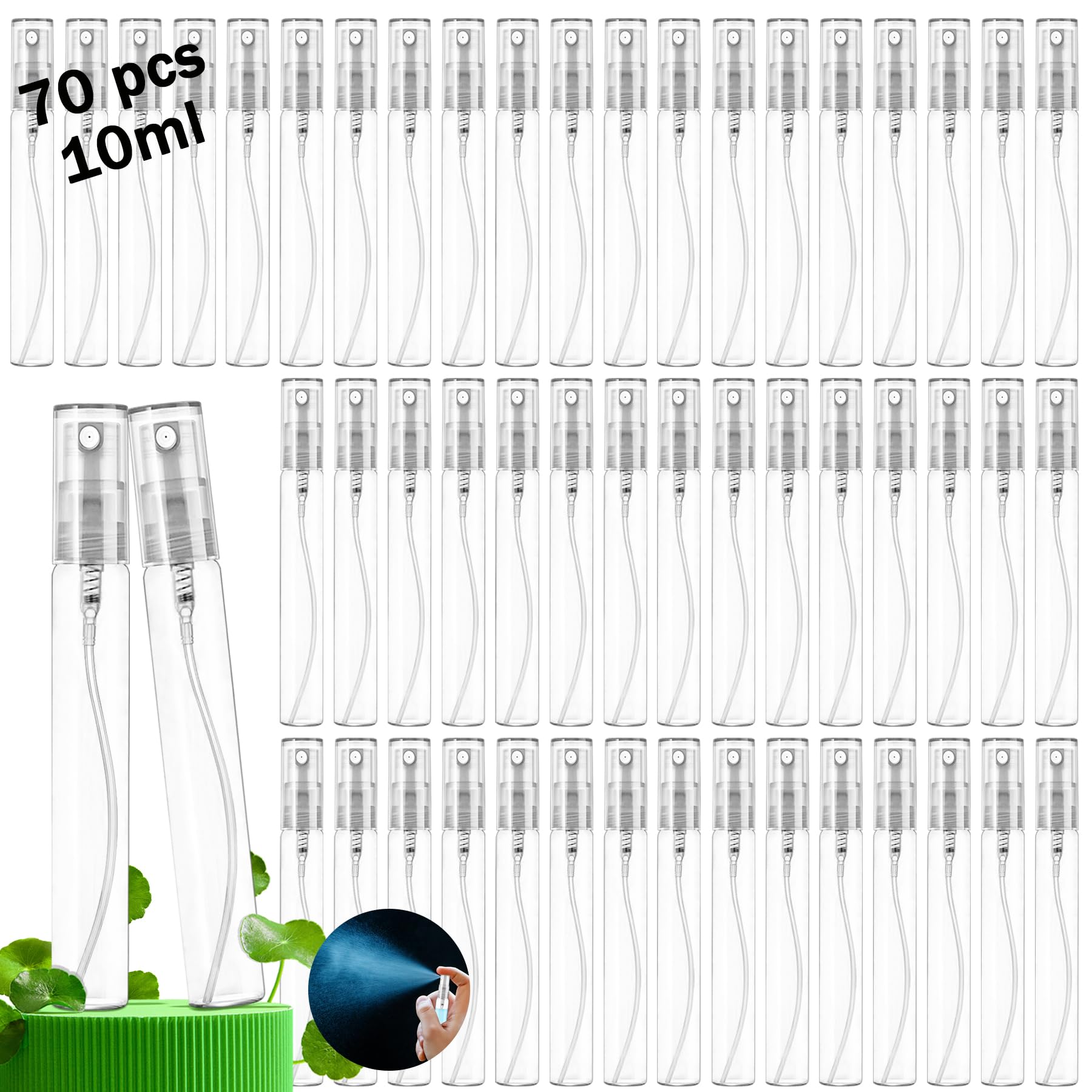 Packung Mit 70 Mini-sprühfläschchen Aus Klarglas À 10 Ml, Wiederbefüllbar, Für Proben Von Parfüm, Kosmetik, Make-up, Reinigungsmitteln, Reiseartikeln Und Ätherischen Ölen.