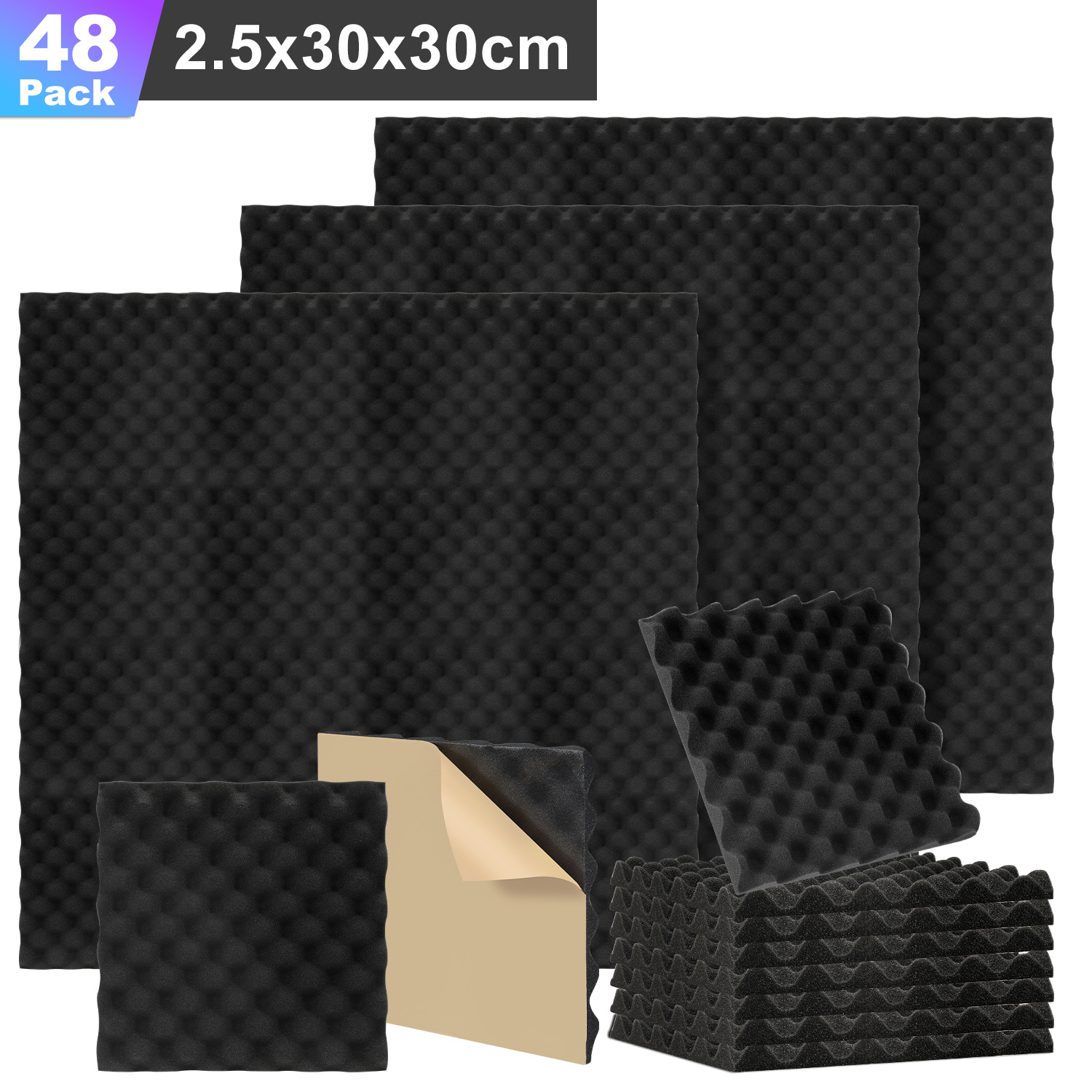 Wolketon 48 Stück Akustikschaumstoff Akustikschaum Matten 30 X 30 X 2.5cm Schalldämmmatten Zur Effektiven Schaumstoff Fliesen Dreiecksrillen Schwarz