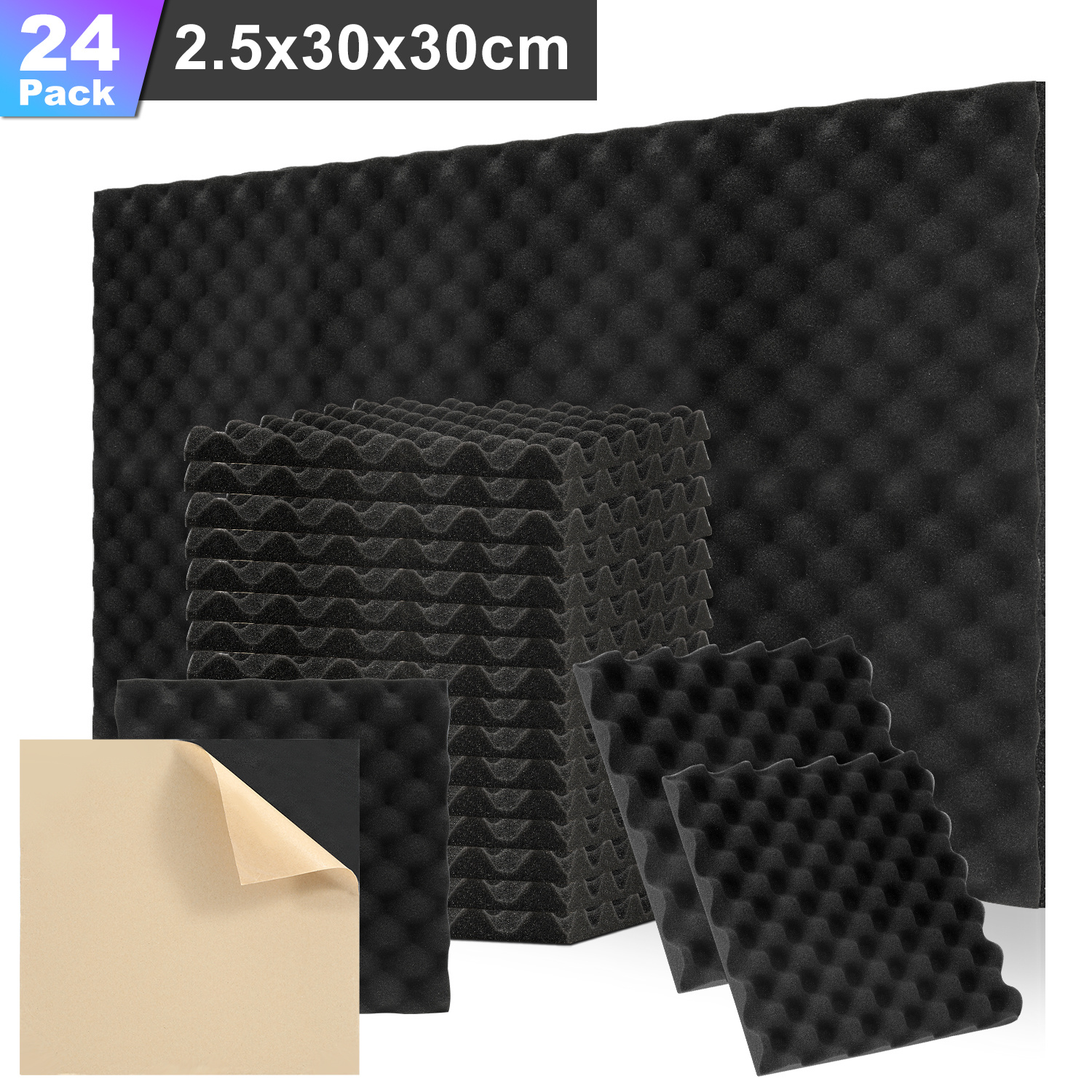 Wolketon 24 Stück Akustikschaumstoff Akustikschaum Matten 30 X 30 X 2.5cm Schalldämmmatten Zur Effektiven Schaumstoff Fliesen Dreiecksrillen Schwarz
