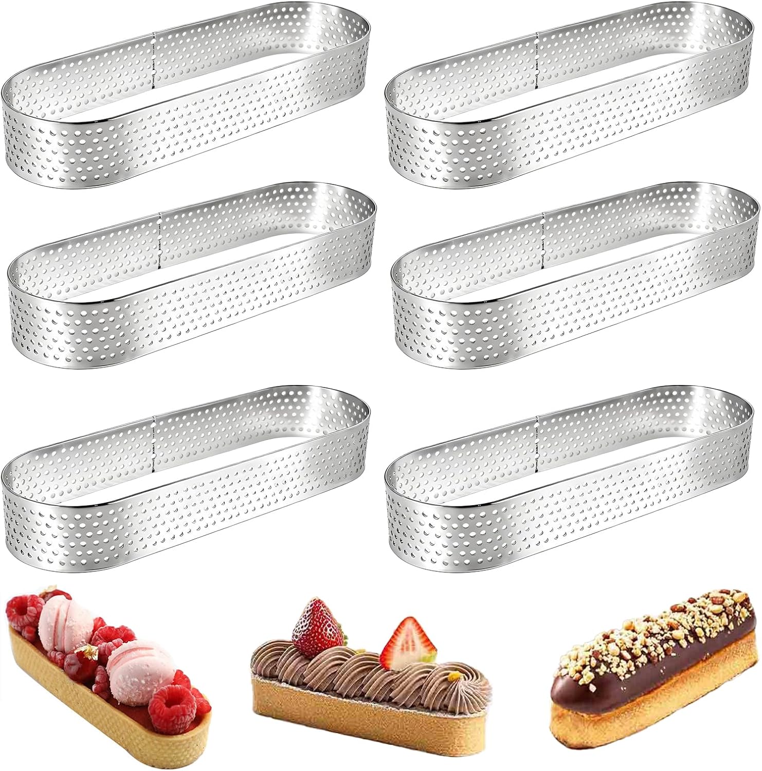 Set Mit 6 Ovalen Gebäckringen Aus Edelstahl 304 - Perforierte Tarteletteformen Für Mousse, Quiches, Französische Desserts