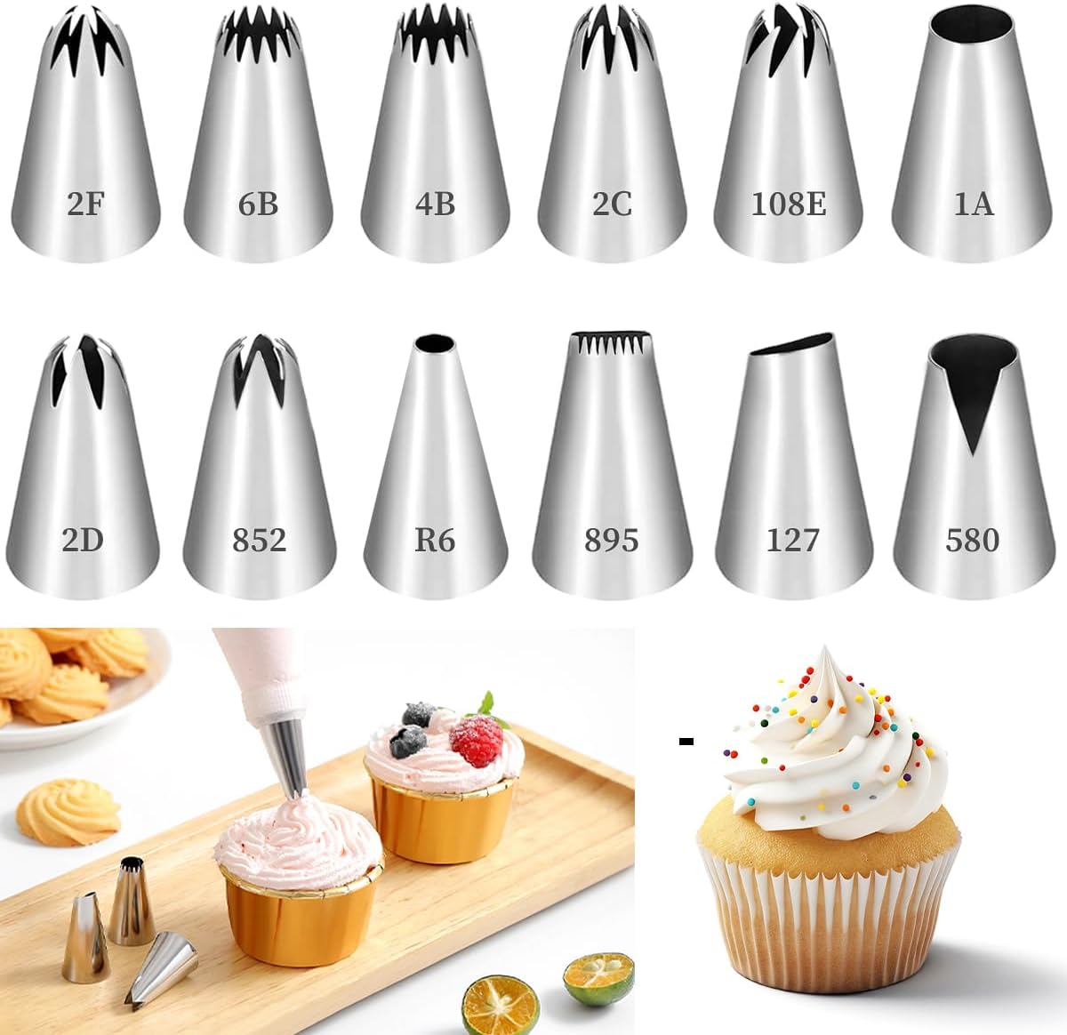12-teiliges Professionelles Edelstahl-spritzbeutel-set, Geriffelte Spritzbeutel Zum Dekorieren Von Kuchen, Cupcakes Und Keksen – 12 Verschiedene Designs