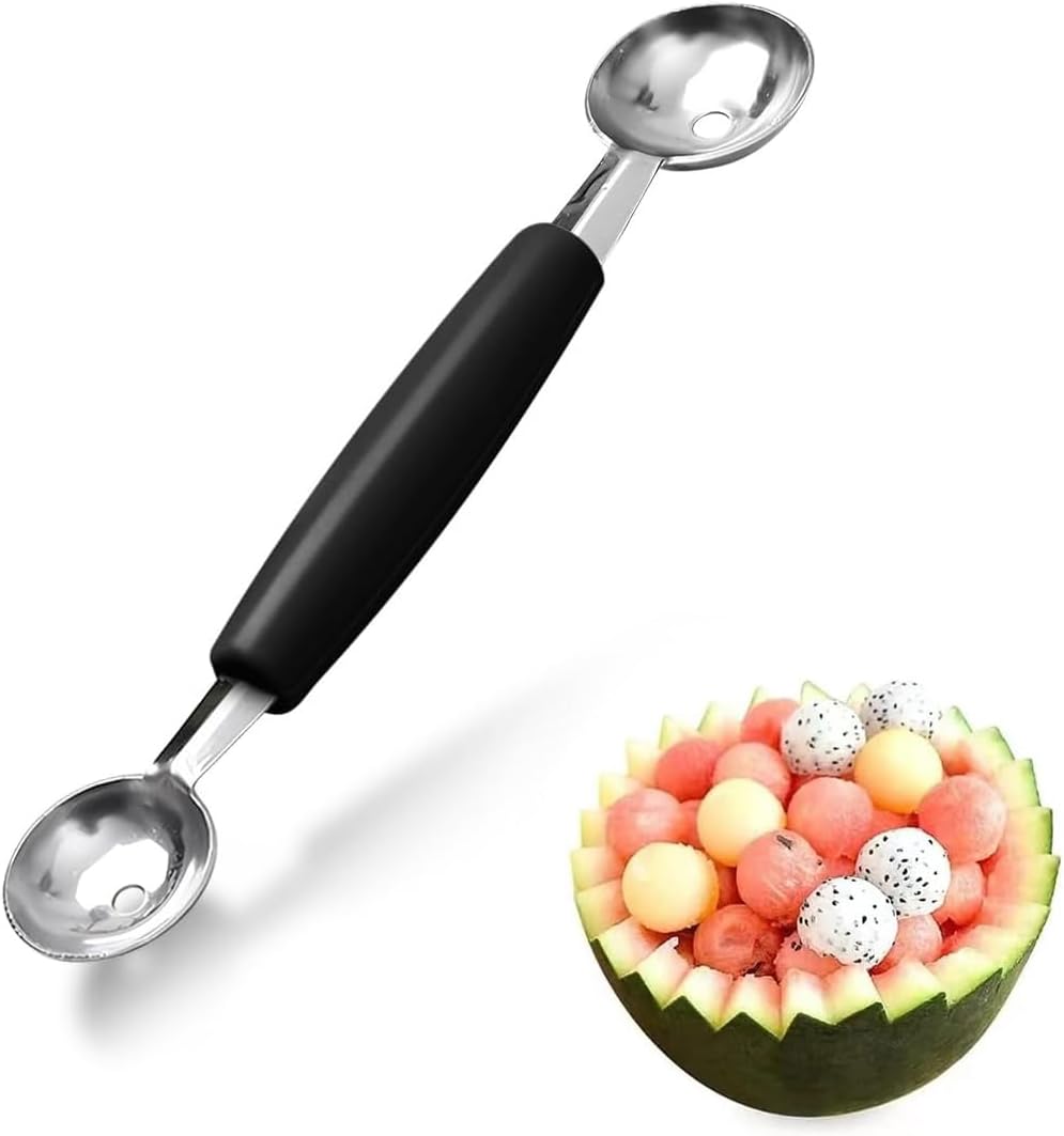 1 Stück Doppelseitiger Edelstahllöffel Für Melone Und Obst, Sahnelöffel, Ideal Für Eiscreme Und Wassermelone – Schwarz