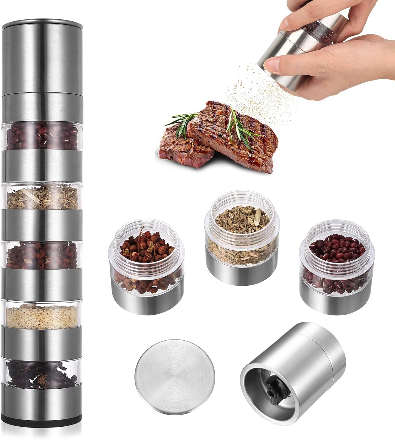 5-in-1-gewürzglas, Mini-gewürzglas Für Camping, Tragbares Reisegewürzglas, Gewürzaufbewahrung Aus Edelstahl Für Picknicks, Grillabende Und Reisen