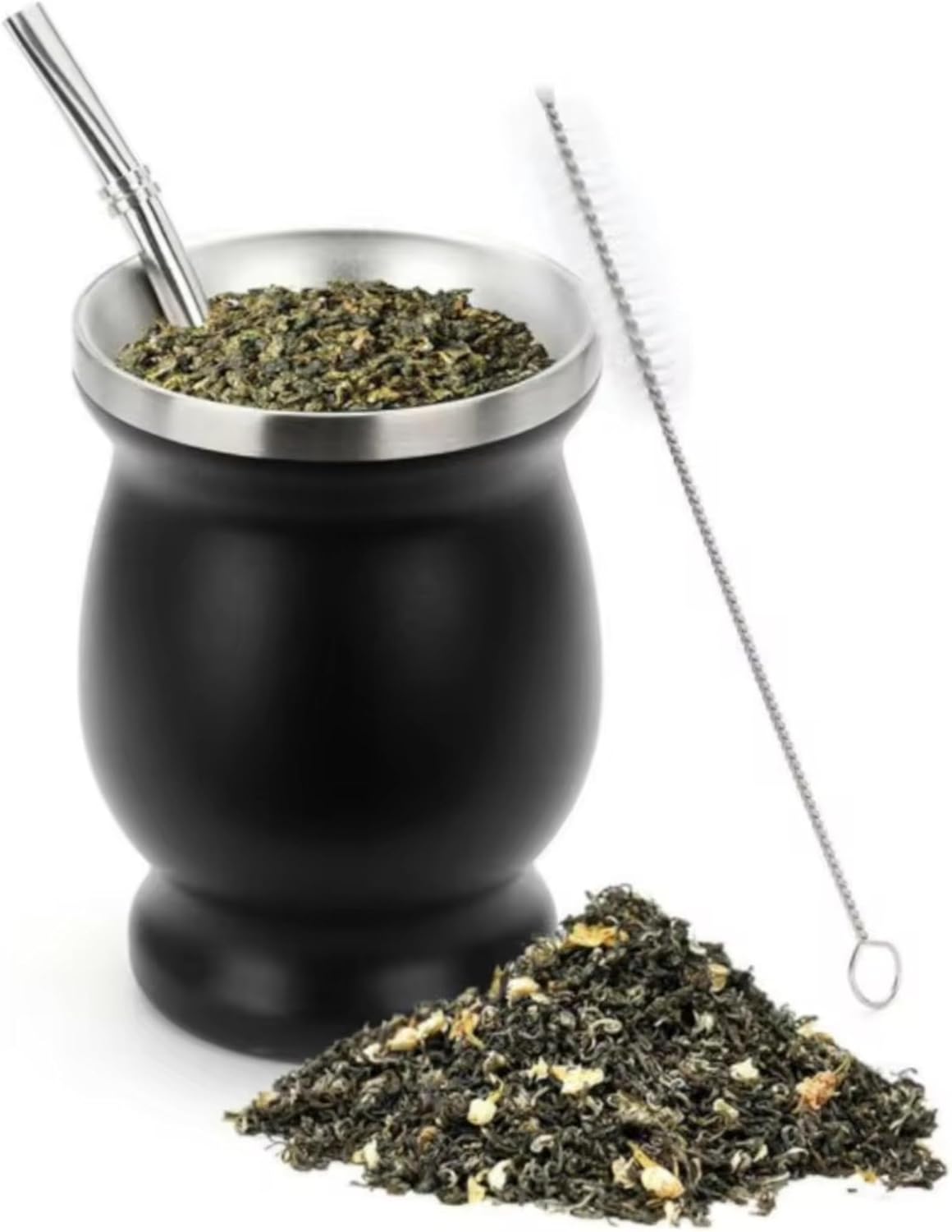 Gobelet Isotherme Reise In Calebasse Double Paroi In Acier Inoxidable (noir), 24 Cl (8 Oz), Mit Paille Bombilla Und Goupillon De Nettoyage