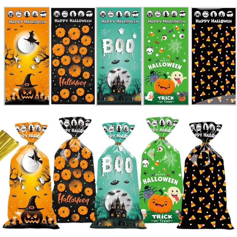 50 Stück Cellophan-leckerli-tüten Für Halloween, Cellophan-süßigkeitstüten Mit Drehverschluss Für Halloween