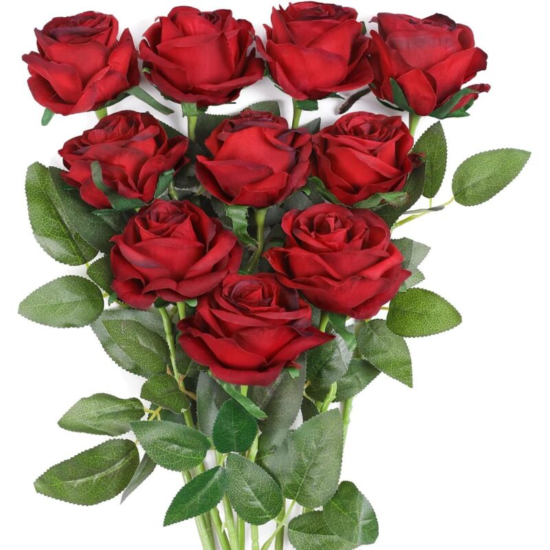Künstliche Rosen Seidenblumen Blumenstrauß Home Office Hochzeitsarrangements Weinrot (10 Stk)