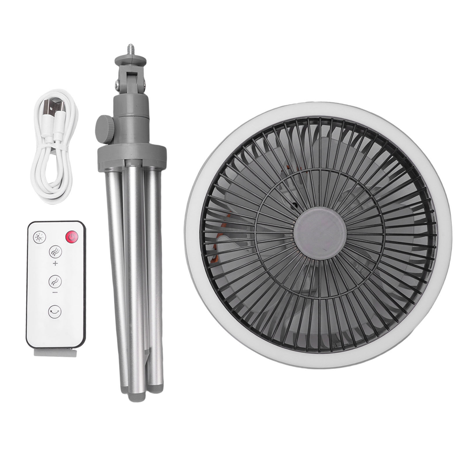 3-in-1 Campingventilator Mit Stativ, 3 Geschwindigkeitsstufen, Oszillierend, Tragbar, Freistehend, Mit Licht Und Handy-ladegerät, Für Zelt, Angeln Und Picknick (grau).