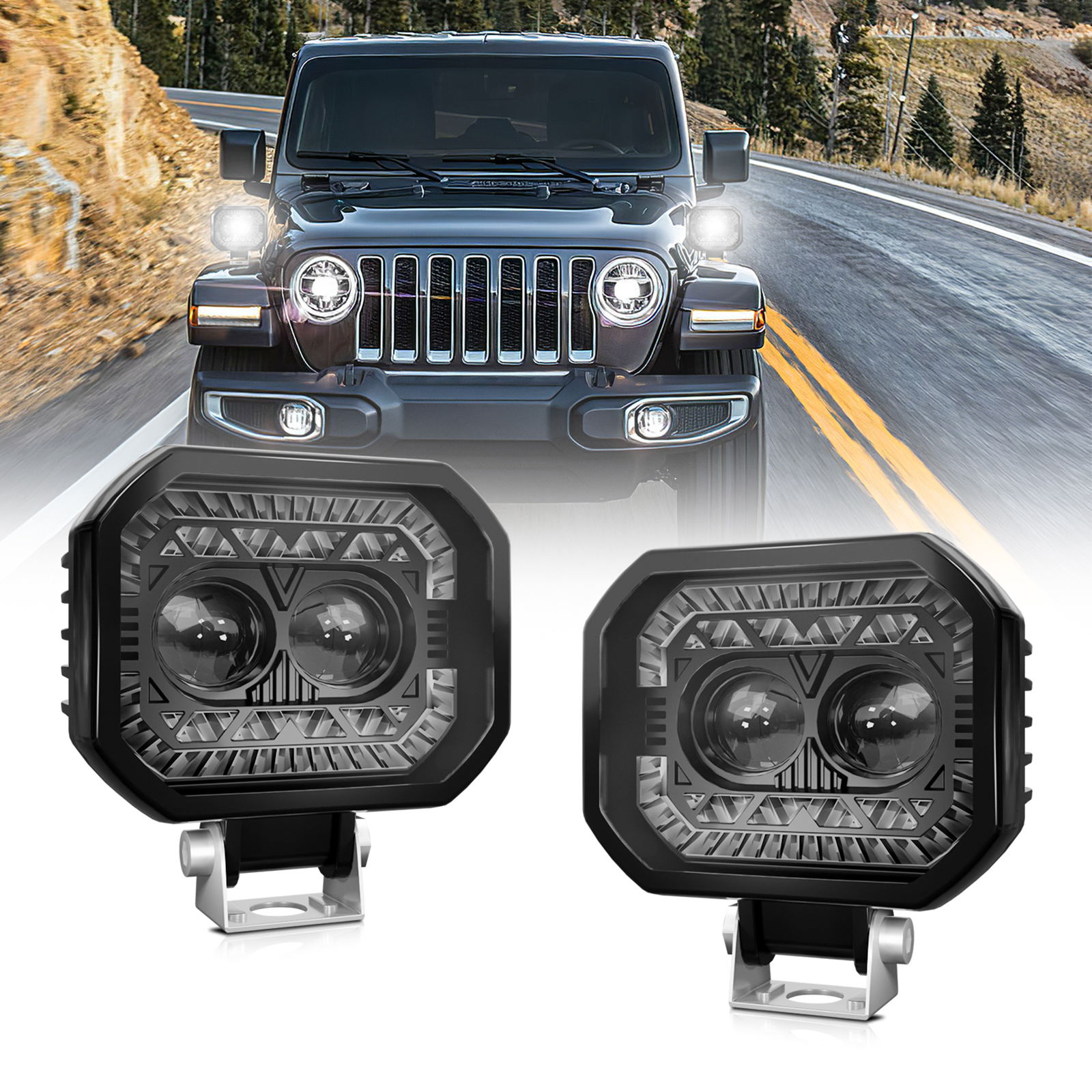 Led-lichtleiste, 2 Fernscheinwerfer 120w 18.000 Lm, Wasserdicht, Nebelscheinwerfer, Quadratische Led-module Mit Bernsteinfarbenem Tagfahrlicht Für Autos, Motorräder, Suvs, Atvs Und Lkws