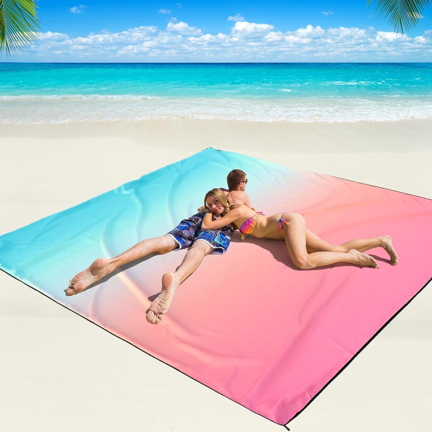 Wasserdichte Strandmatte, Große Sandfreie Stranddecke, Strandtuch Für Strand, Camping, Picknick, Park, Reisen Usw. Outdoor-veranstaltungen (verlauf Rosa/blau, 245 X 300 Cm)
