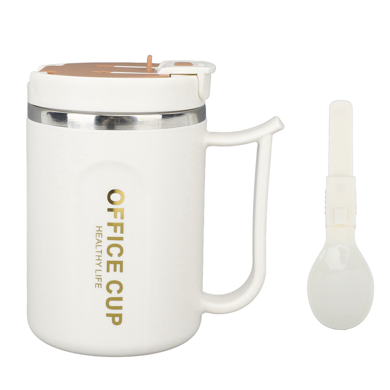 Isolierter Kaffeebecher Aus Edelstahl 304, Doppelwandig, Hitzebeständig, Mit Henkel, Deckel Und Farbigem Löffel.