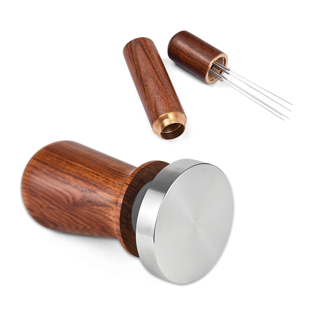 58-mm-espressodosierer Und -rührstab, Federbelastetes Gehäuse Aus Aluminiumlegierung, Flacher Boden Aus Edelstahl 304, Holzgriff Im Barista-stil, Siebträgerpresse