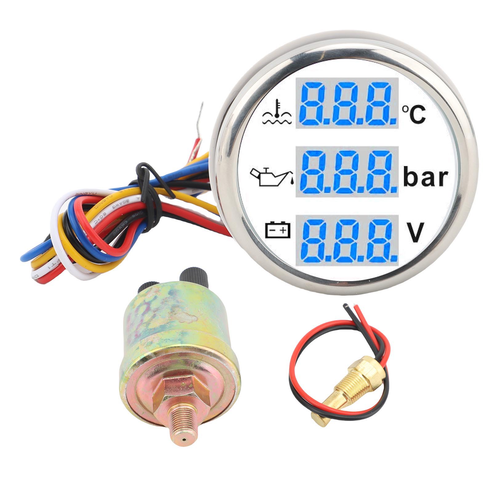 Voltmeter Für Bootsöldruck Und Wassertemperatur, 52-mm-multifunktions-digitalanzeige, Wasserdicht Nach Ip67, Dreifach-instrumentensatz, Weißes Gehäuse, Silberner Rahmen