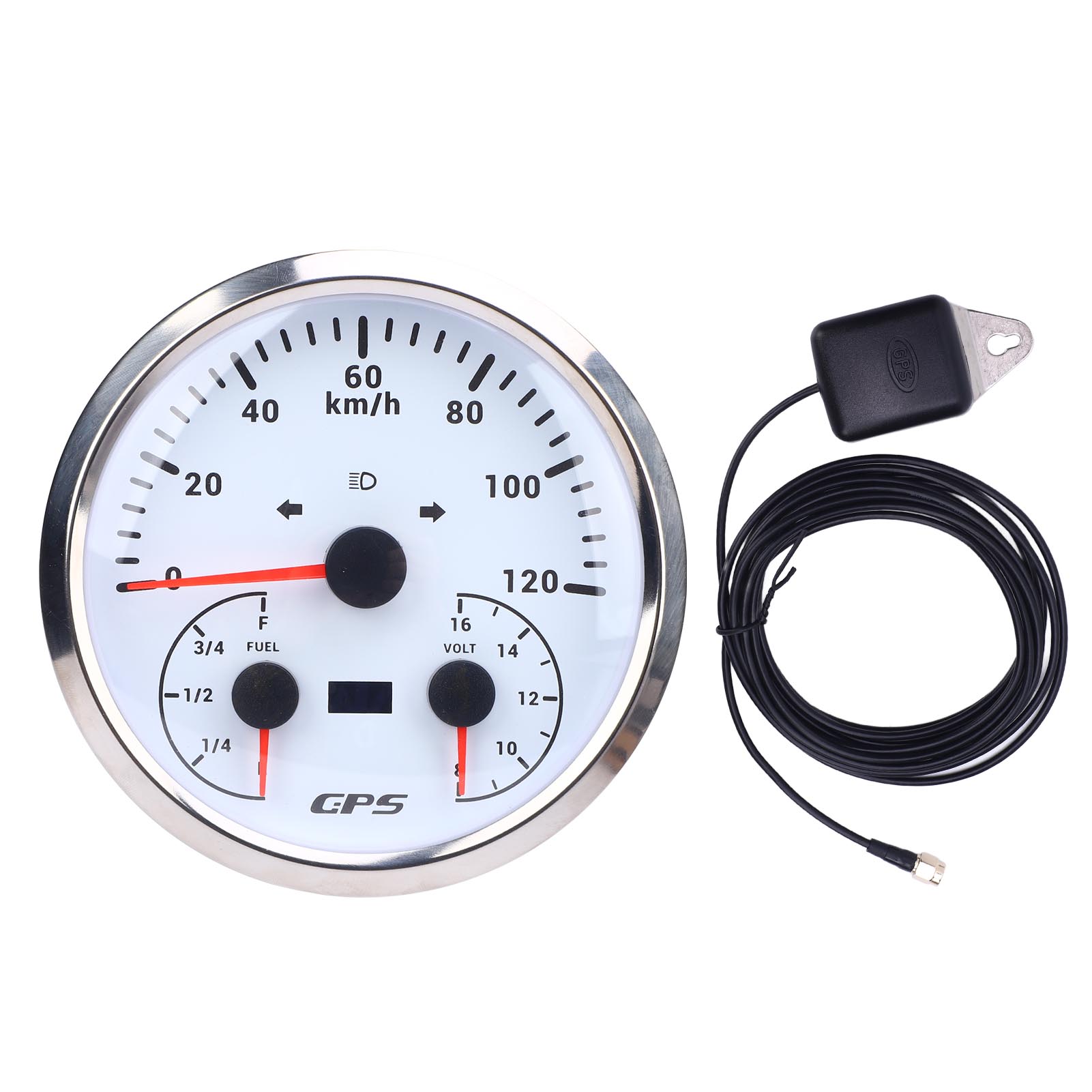 3-in-1 Gps-tachometer 0-120 Km/h, Kilometerzähler (110 Mm), Spannungsanzeige (8-16 V, E-1/4-1/2-3/4-f), Tankanzeige Mit Blinkern Für Wohnmobile, Yachten Und Lkws, Weißes Zifferblatt, Silberne Lünette,